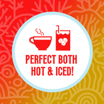 Icon featuring a steaming tea cup and a glass with ice cubes, with the text ‘Perfect Both Hot & Iced!’ against a vibrant red and orange coral-patterned background, highlighting the versatility of the tea for both hot and iced preparations