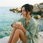 Woman enjoying Wonder Waves Coffee French vanilla coffee by the ocean, reflecting the smooth, creamy and relaxing character of Mermaid’s Melody flavored coffee.