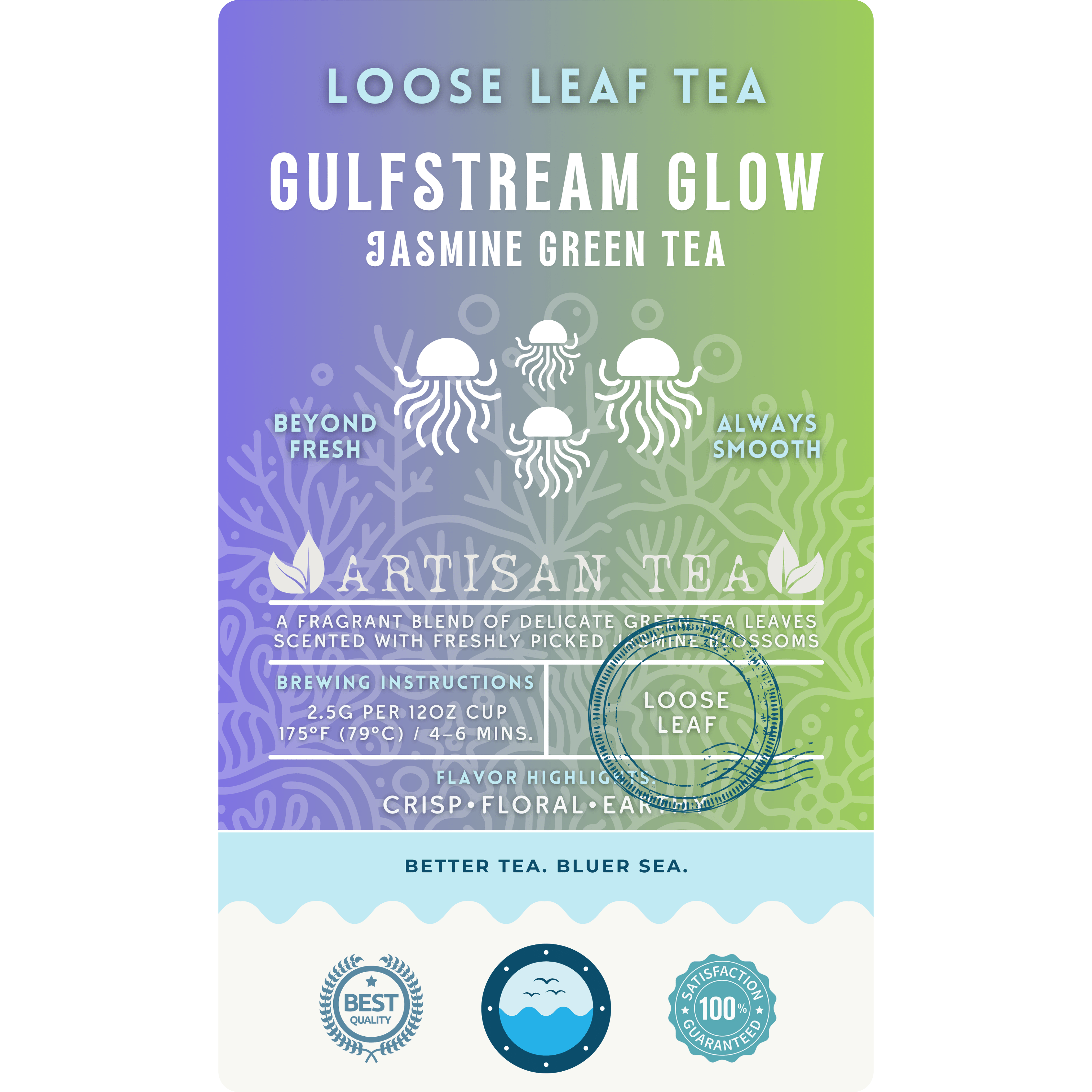 Gulfstream Glow Jasmine Green loose leaf tea by Wonder Waves Coffee featuring delicate floral jasmine aroma and smooth green tea body