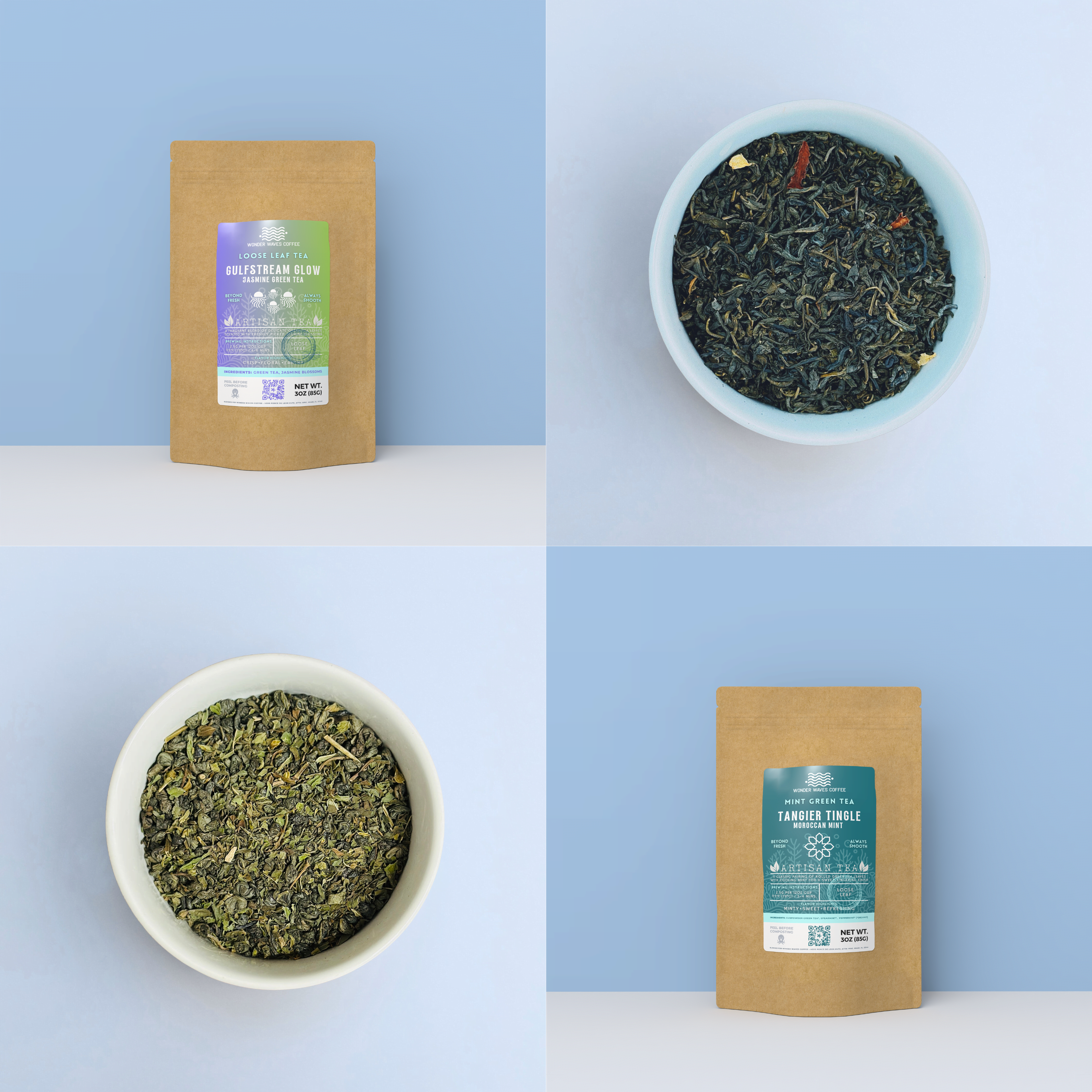 Artisan green tea bundle featuring Gulfstream Glow Jasmine Green Tea and Tangier Tingle Moroccan Mint loose leaf tea with loose tea leaf bowls