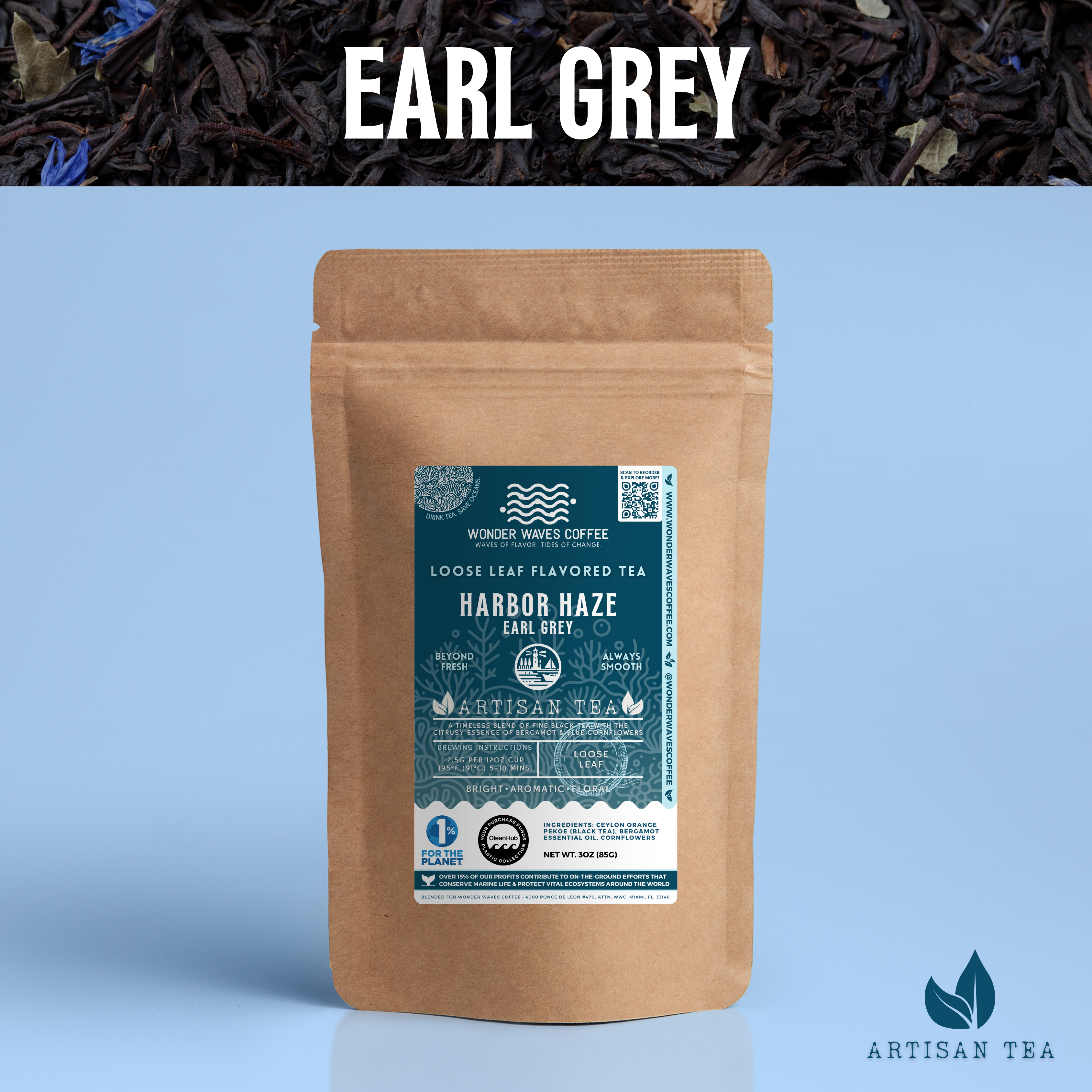 A bag of Wonder Waves Coffee's "Harbor Haze" Earl Grey loose leaf tea against a backdrop of tea leaves