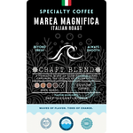 The product label for Wonder Waves Coffee Marea Magnifica Italian Roast. This dark roast craft blend features a black coral background with a white cresting wave icon. The label includes flavor highlights of Deep, Elegant, and Intense, emphasizing a powerful blend of slow-roasted beans.