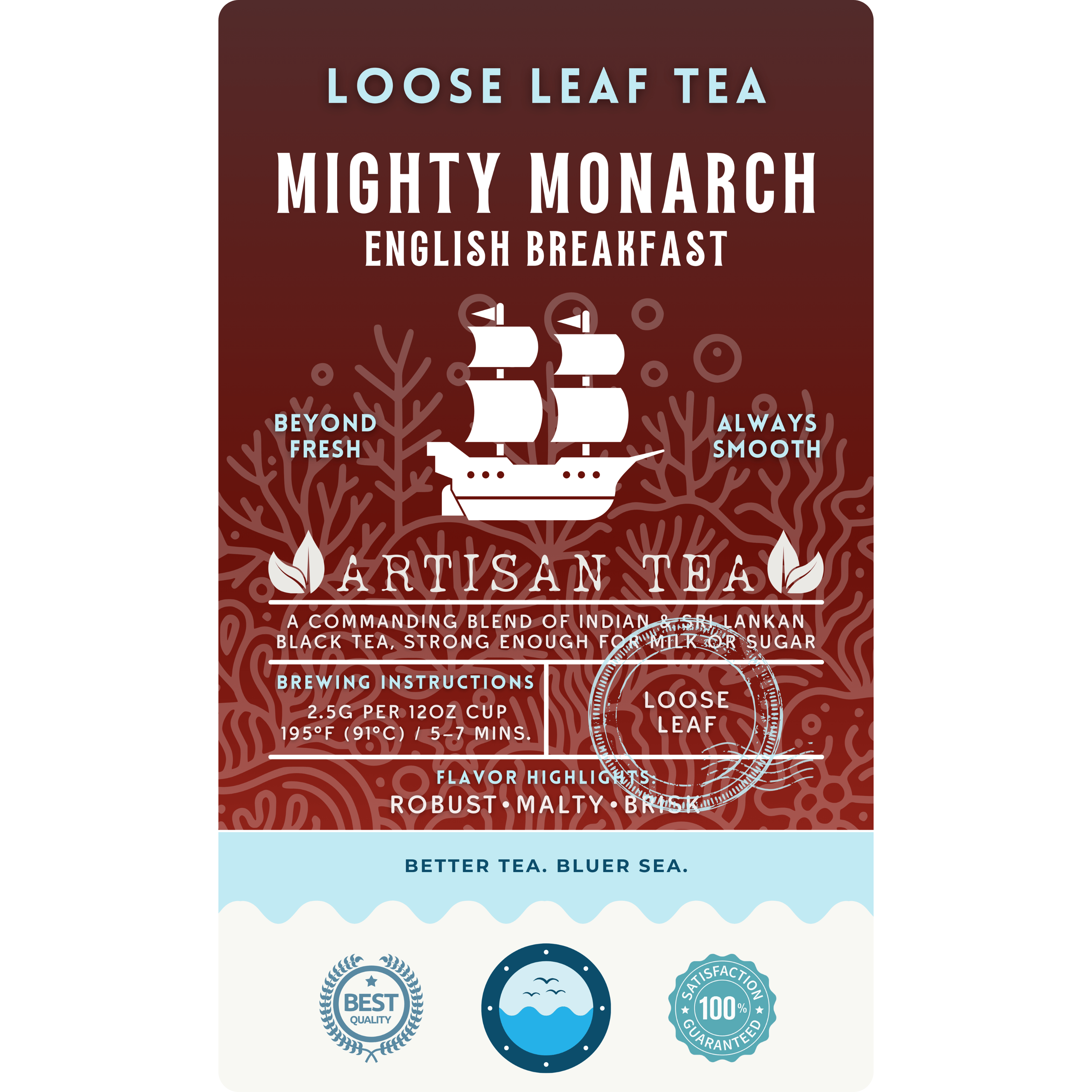Mighty Monarch English Breakfast loose leaf black tea by Wonder Waves Coffee featuring a robust, malty and brisk flavor profile