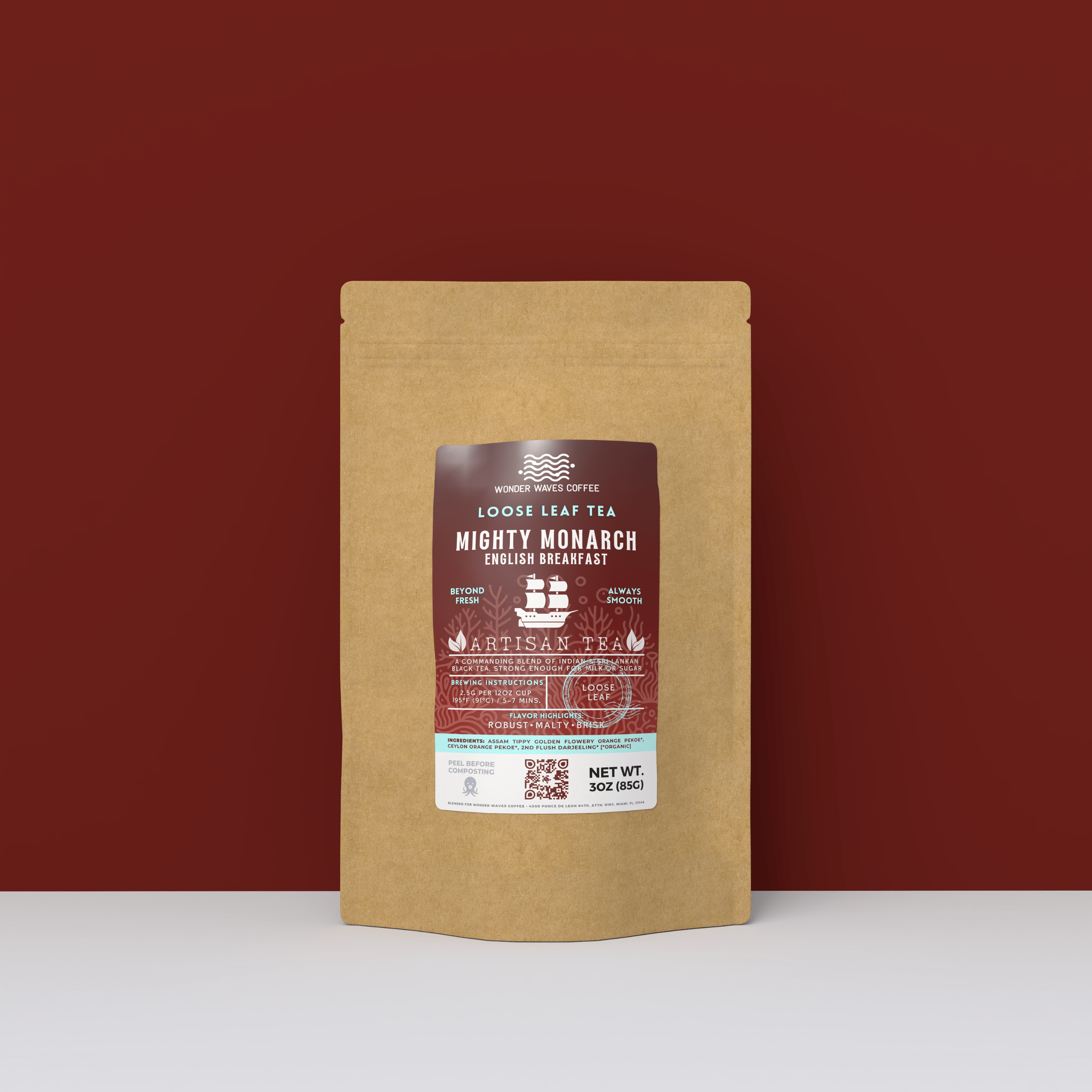 Mighty Monarch English Breakfast artisan loose leaf black tea in eco-friendly 3oz kraft stand-up pouch packaging by Wonder Waves Coffee