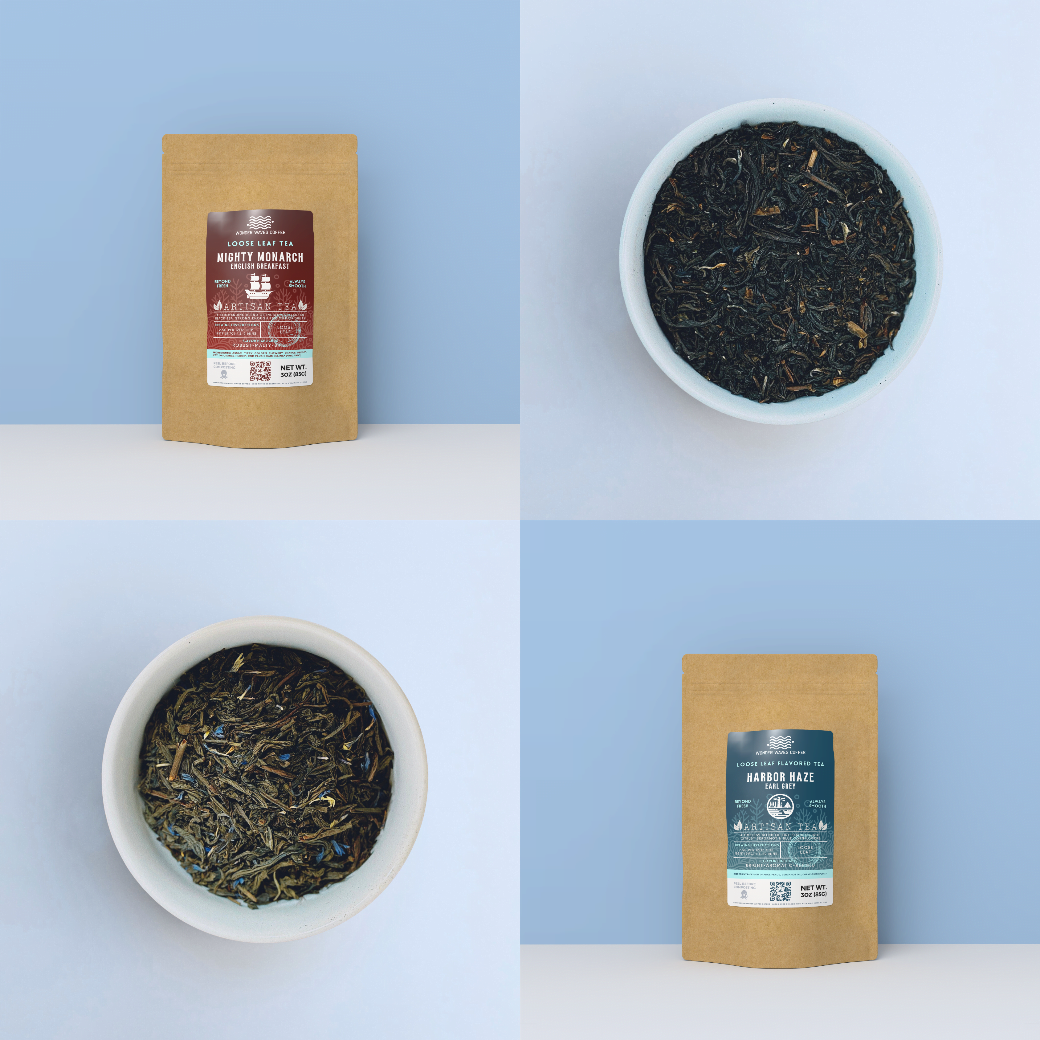 Classic black tea bundle featuring Mighty Monarch English Breakfast and Harbor Haze Earl Grey loose leaf tea pouches alongside loose leaf samples