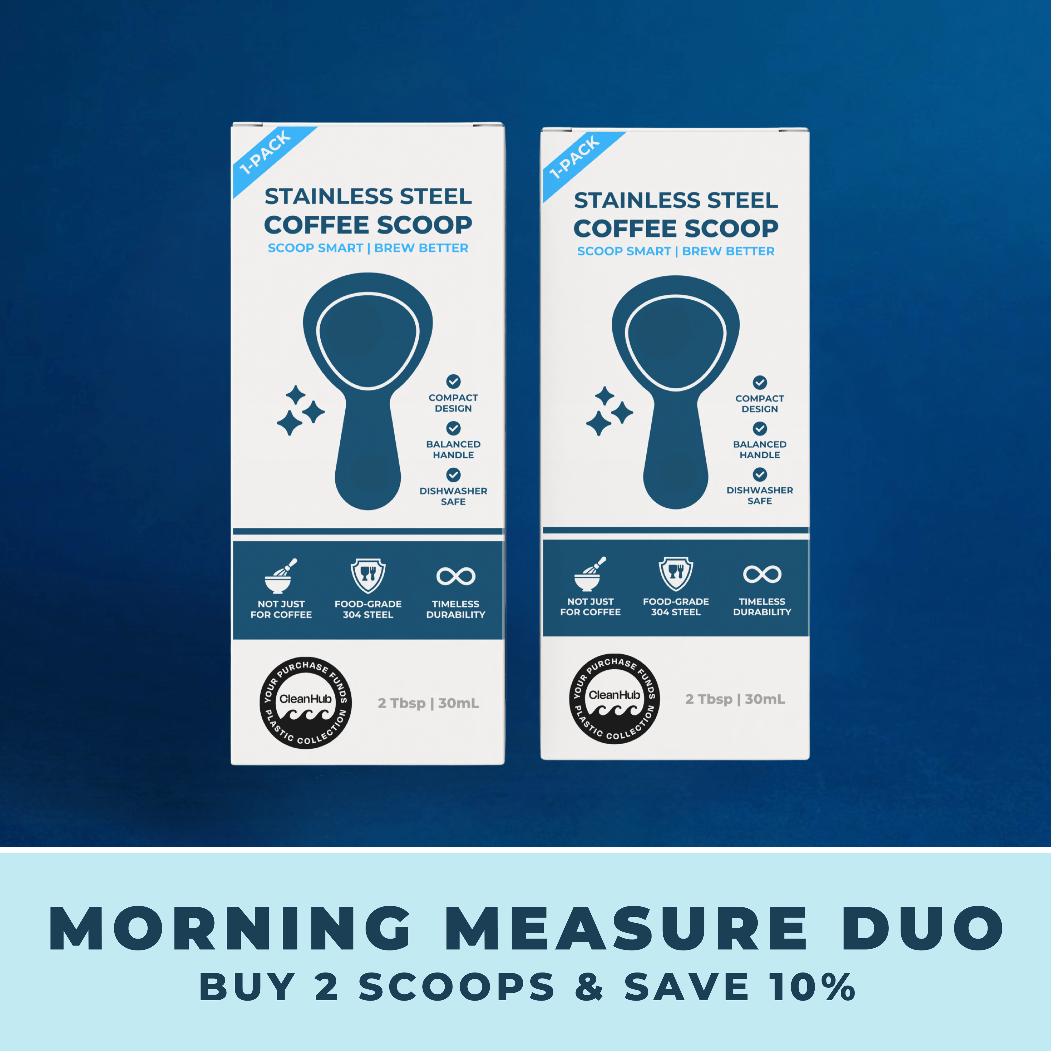 Morning Measure Duo featuring 2 boxes of 304 stainless steel 2 tbsp coffee scoops in a 2-pack bundle