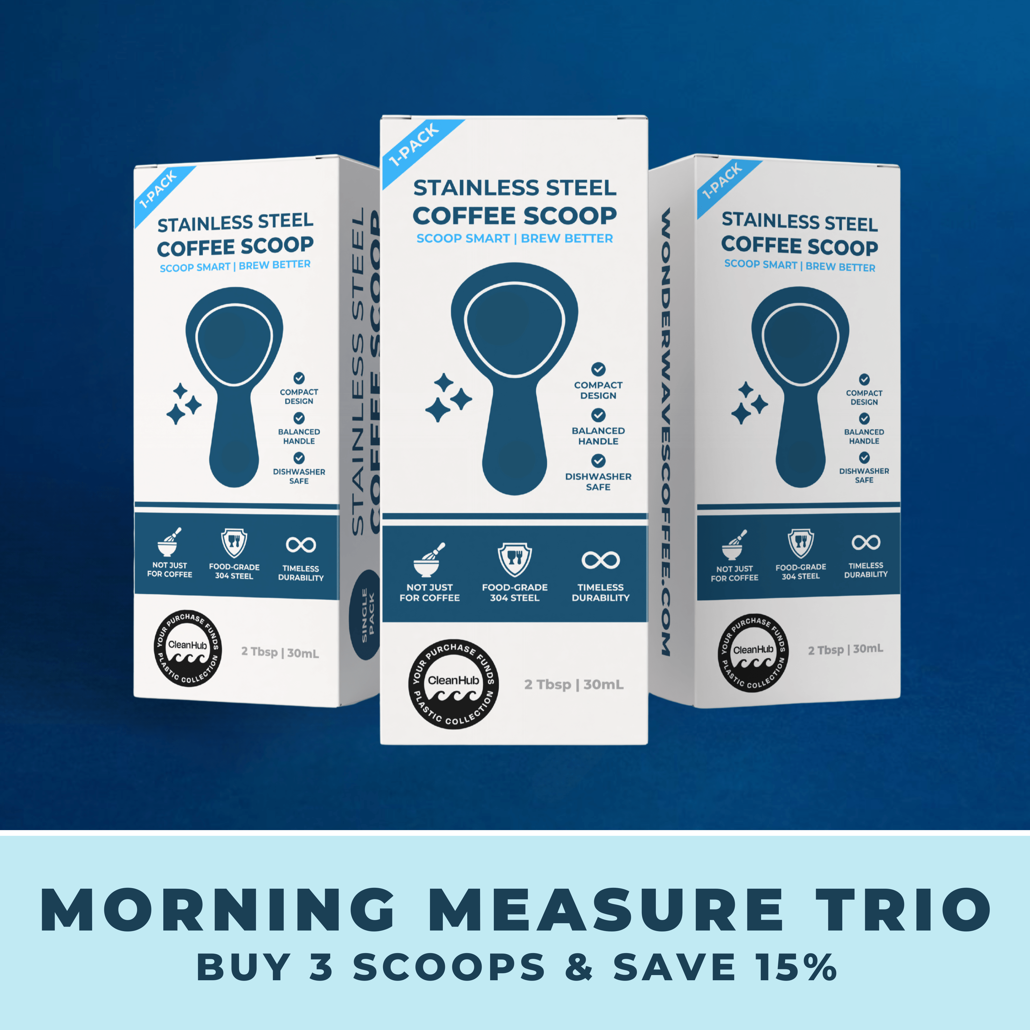 Morning Measure Trio featuring 3 boxes of 304 stainless steel 2 tbsp coffee scoops in a 3-pack bundle