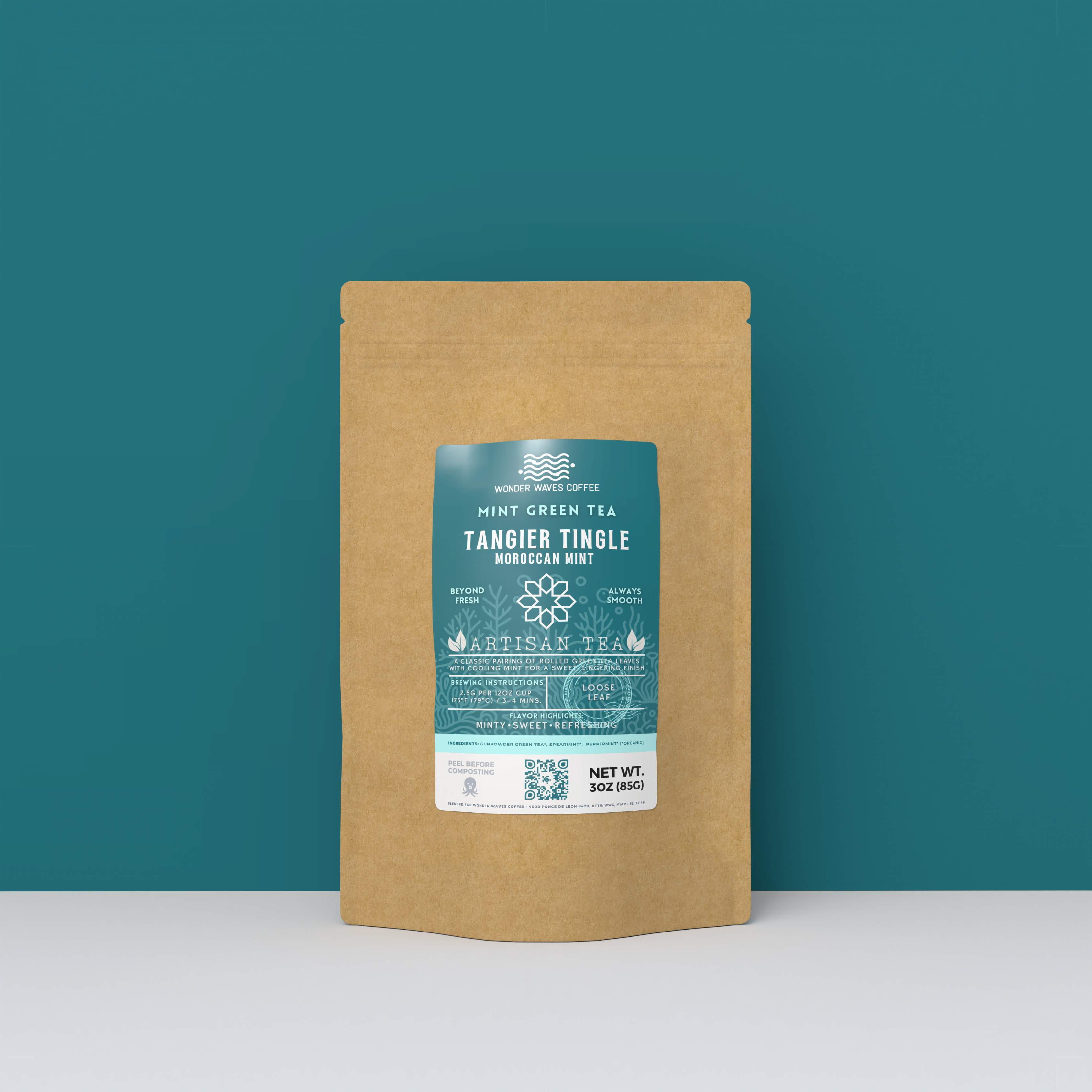 Moroccan Mint artisan loose leaf green tea blend in eco-friendly 3oz kraft stand-up pouch packaging by Wonder Waves Coffee