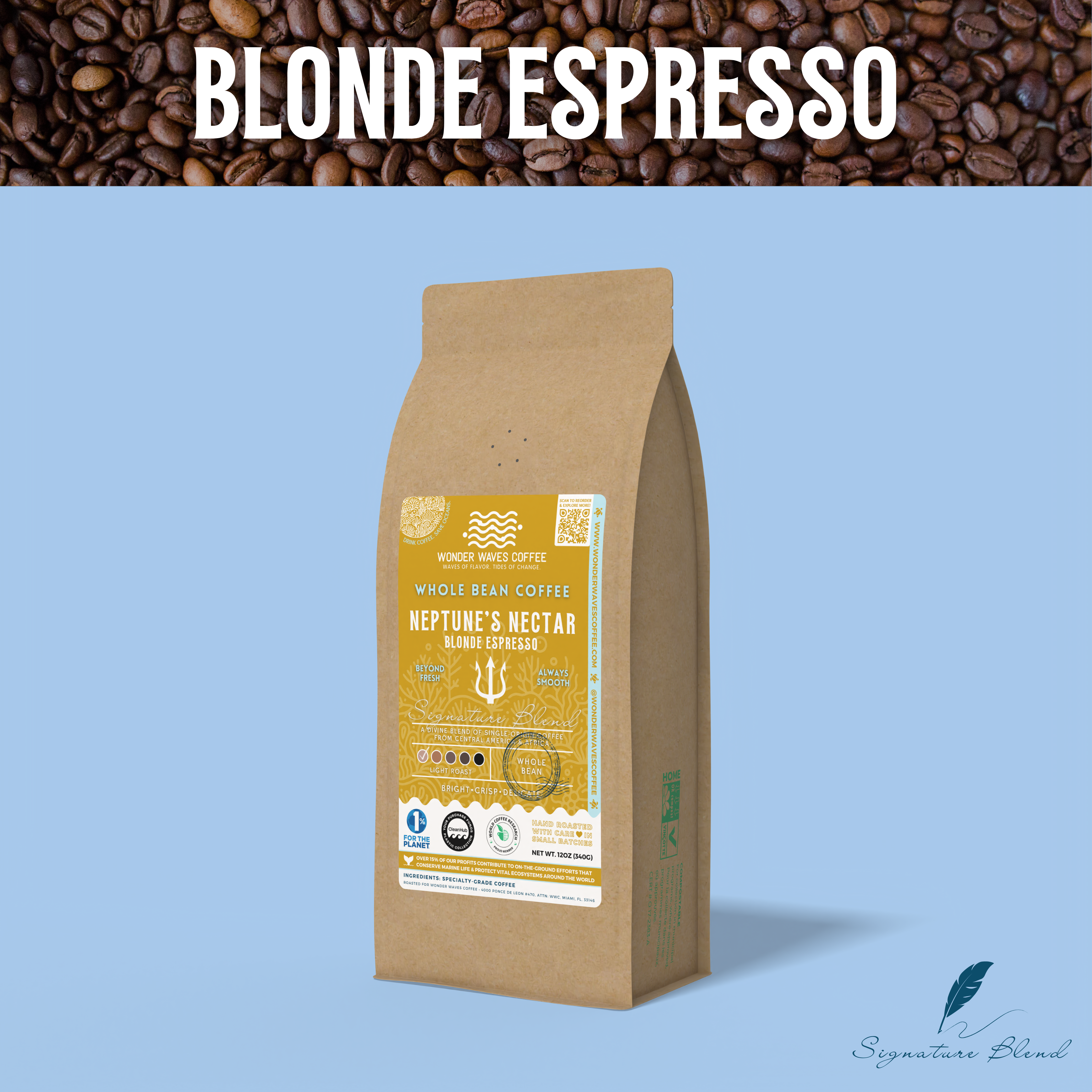 A bag of Wonder Waves Coffee's "Neptune's Nectar" Blonde Espresso coffee against a backdrop of coffee beans