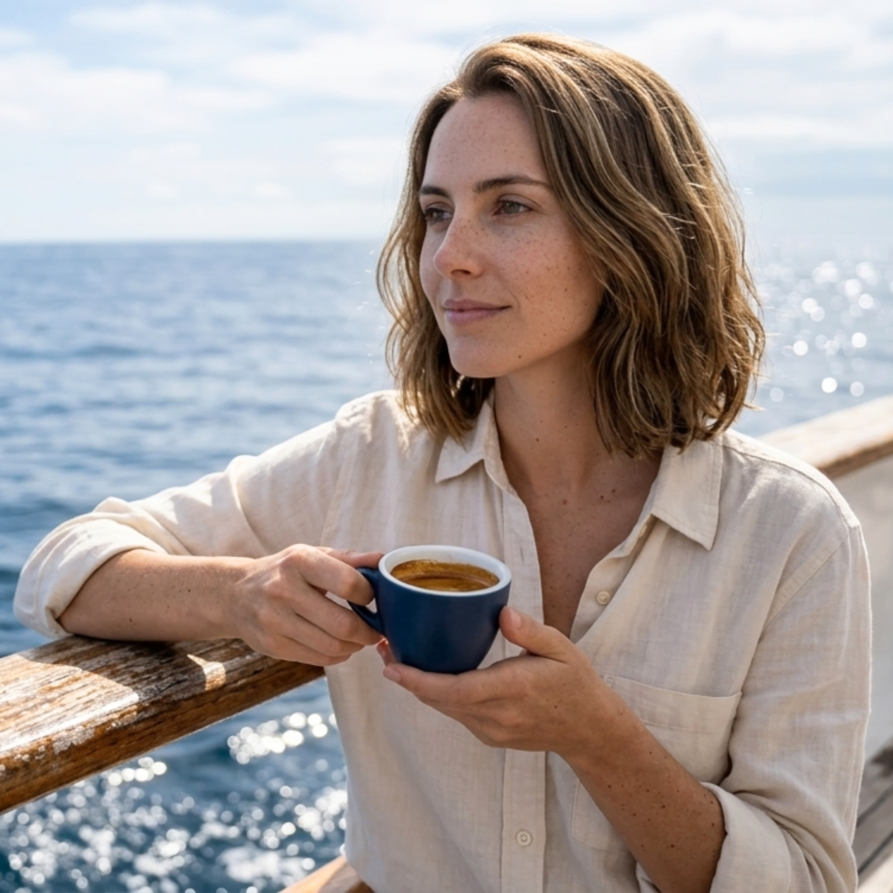 A candid lifestyle photograph of a woman brand ambassador in coastal casual attire holding a blue cup of Wonder Waves Coffee Ocean Odyssey espresso on a sailing yacht. She is looking toward a deep blue ocean horizon in a quiet, contemplative moment under natural sunlight.