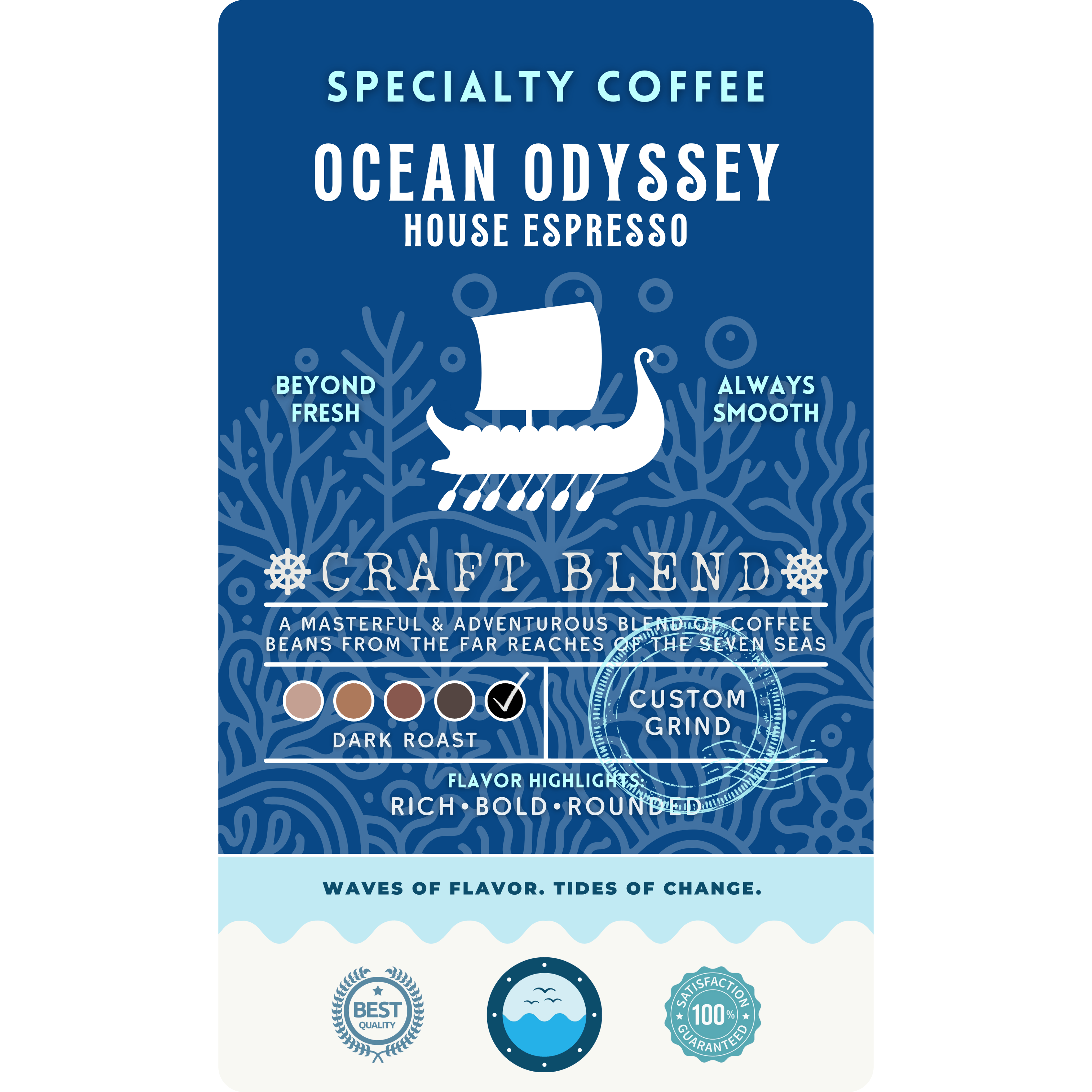 The product label for Wonder Waves Coffee Ocean Odyssey House Espresso. A deep blue sea-themed design featuring a Viking longship. It is identified as a masterful dark roast craft blend with flavor highlights of rich, bold, and rounded, sourced across the Seven Seas.