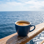 A minimalist, high-resolution shot of Wonder Waves Coffee Ocean Odyssey house espresso with a rich, dark crema in a matte blue ceramic cup, resting on a weathered teak wood railing of a sailing yacht with a vast, blurry Pacific Ocean horizon in the background.