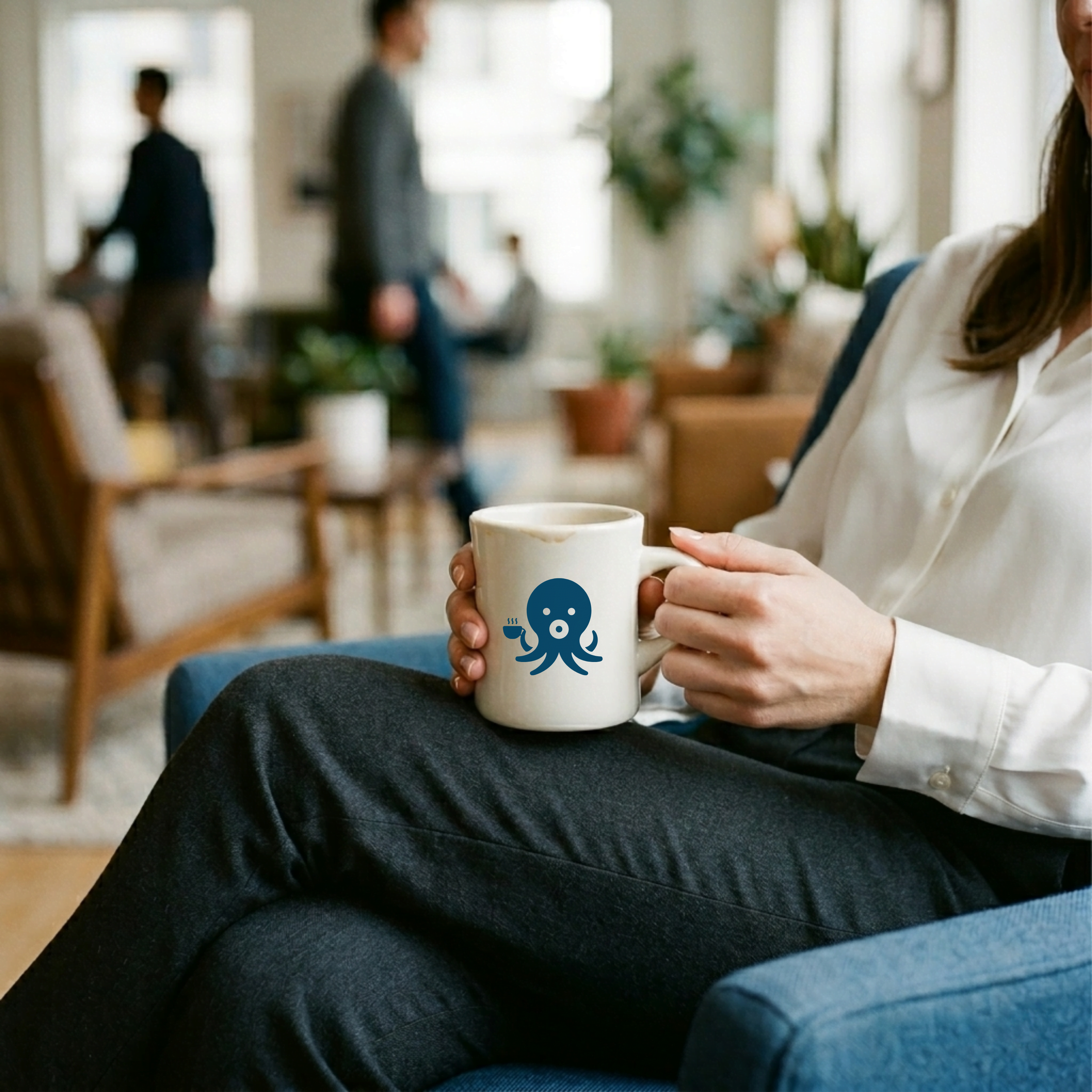 A person in an office setting holds a mug featuring the octopus logo for your office coffee subscription service. The background shows blurred people collaborating.