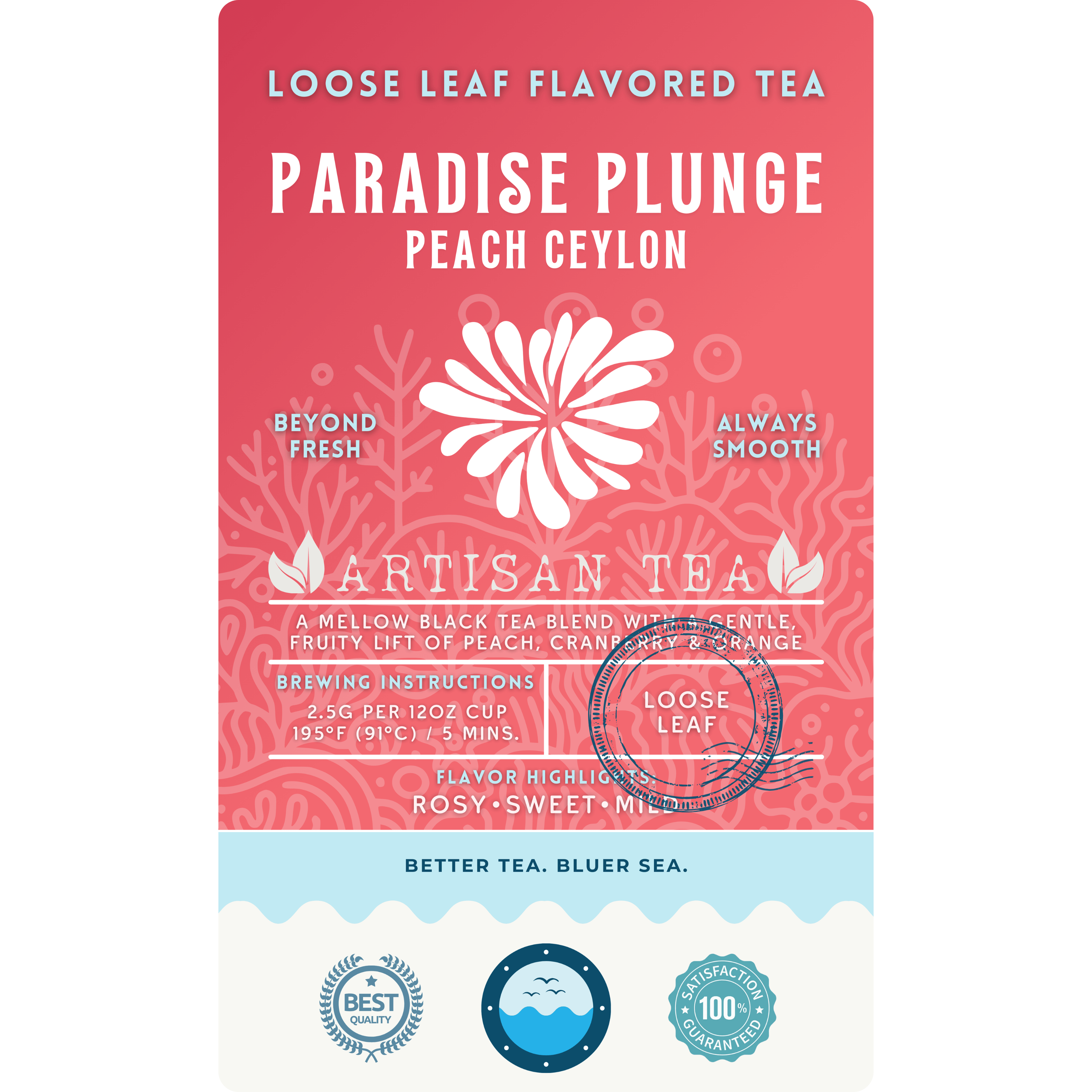 Paradise Plunge Peach loose leaf black tea by Wonder Waves Coffee featuring smooth peach notes with a gentle fruity finish