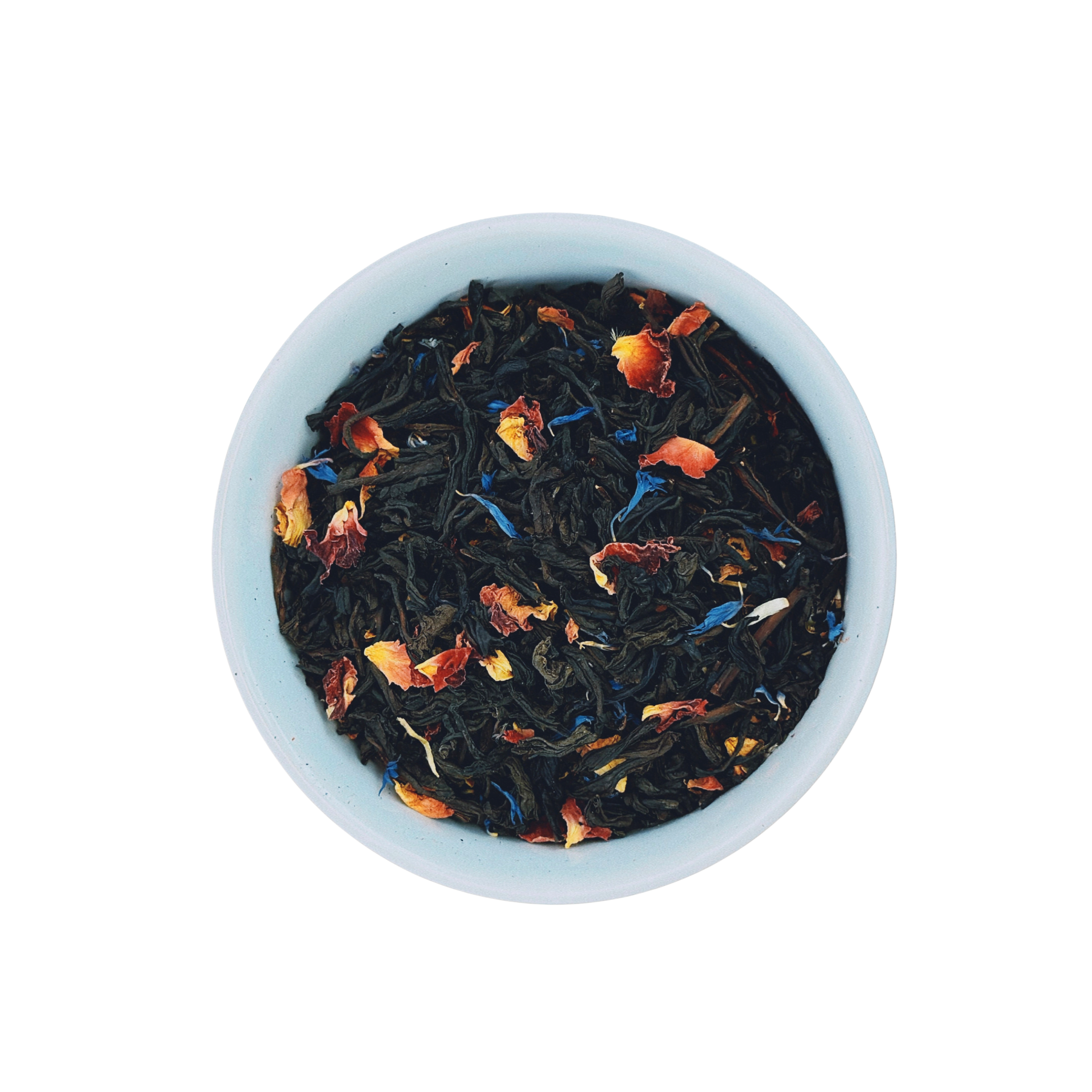 Paradise Plunge Peach loose leaf black tea in white bowl close-up by Wonder Waves Coffee featuring smooth peach notes and a gentle fruity finish