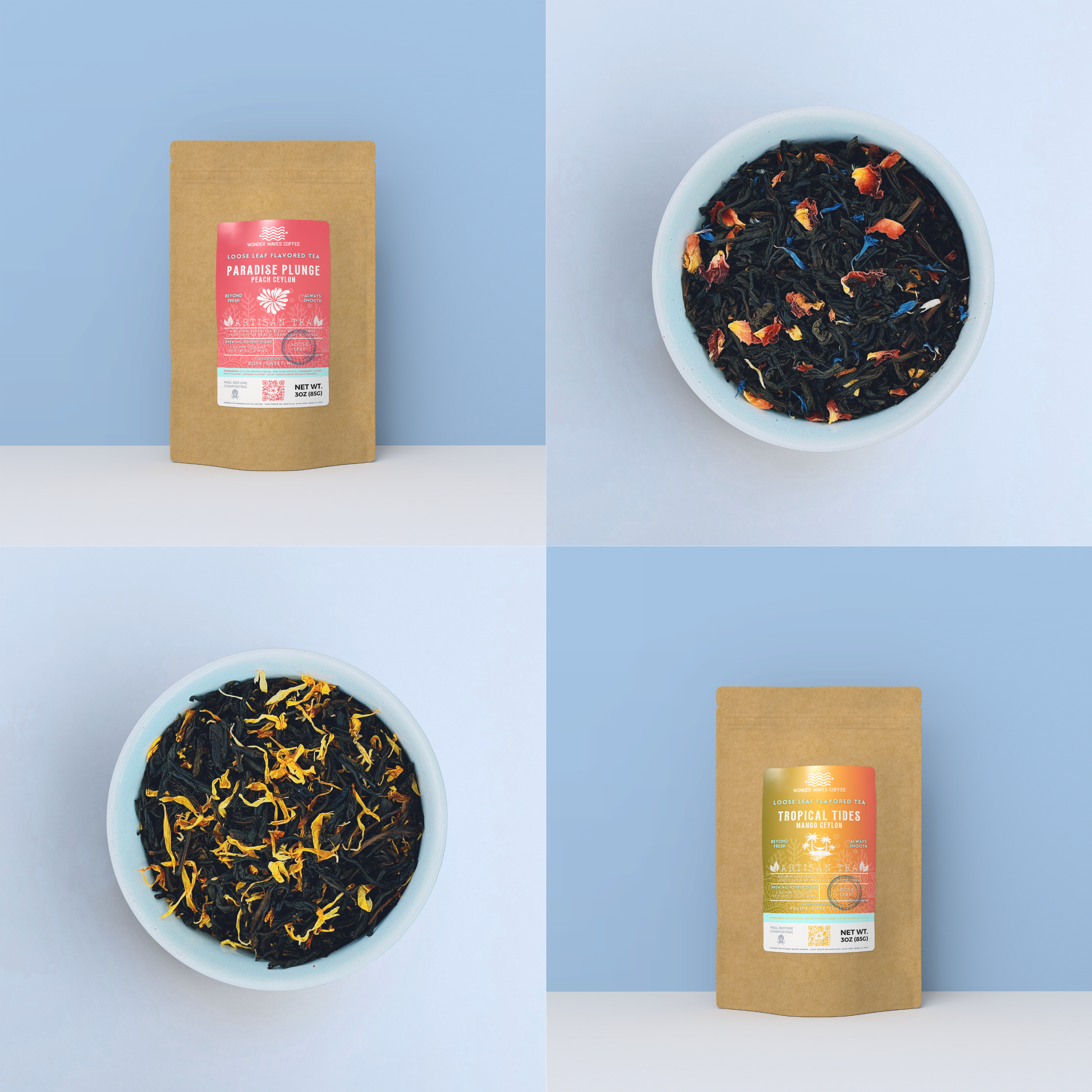 2-pack artisan Ceylon tea bundle featuring Paradise Plunge Peach Ceylon and Tropical Tides Mango Ceylon loose leaf teas in craft pouches with loose leaf tea bowls