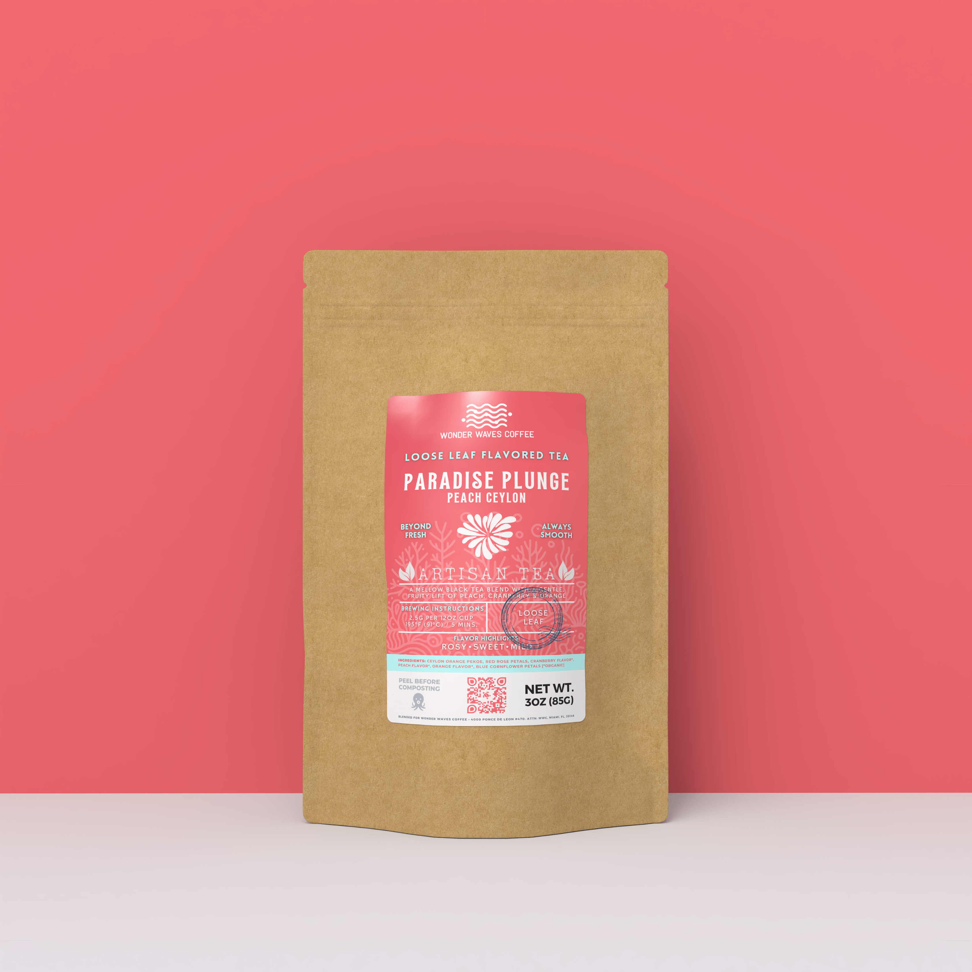 Peach artisan loose leaf fruit tea blend in eco-friendly 3oz kraft stand-up pouch packaging by Wonder Waves Coffee