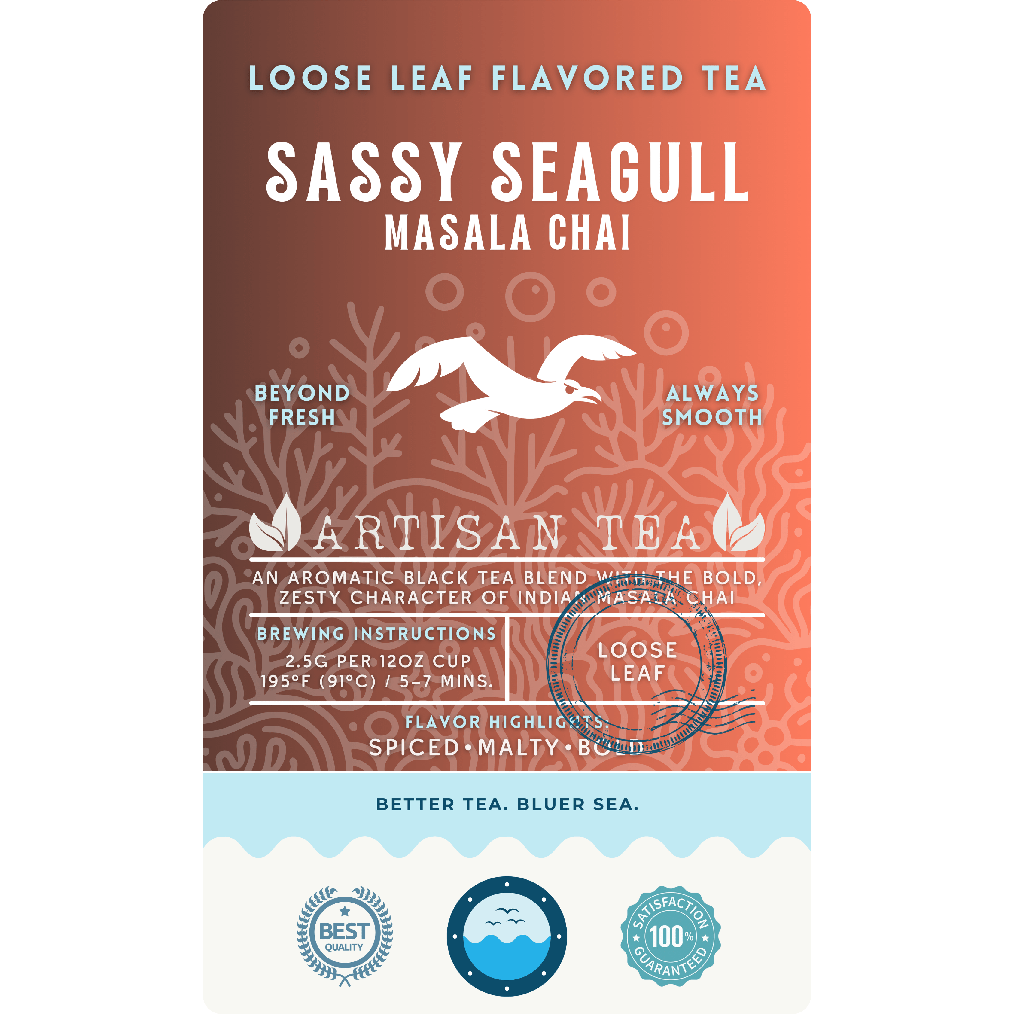 Sassy Seagull Masala Chai loose leaf black tea by Wonder Waves Coffee featuring bold spiced, malty and warming chai flavors