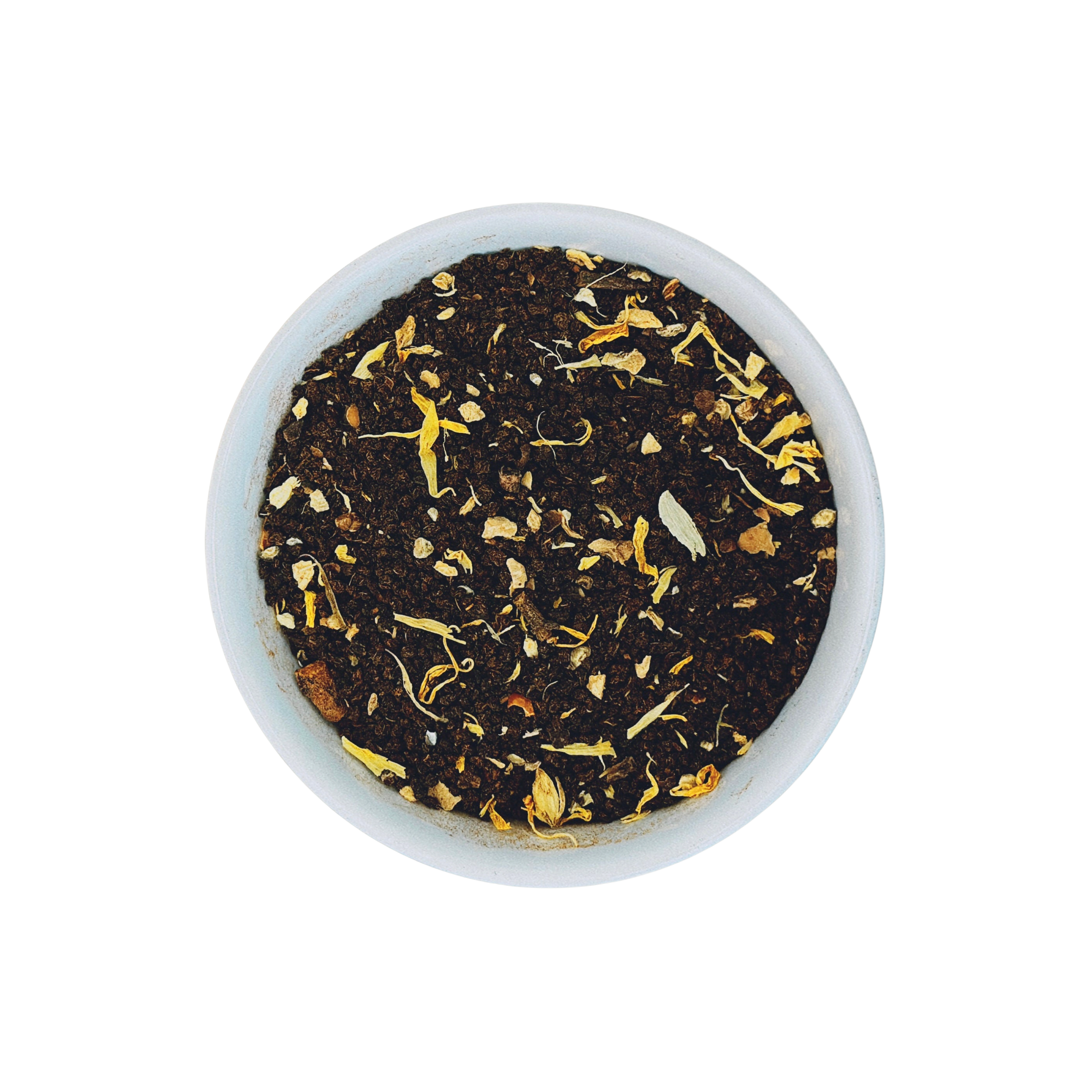 Sassy Seagull Masala Chai loose leaf black tea in white bowl close-up by Wonder Waves Coffee featuring bold spiced, malty and warming chai flavors