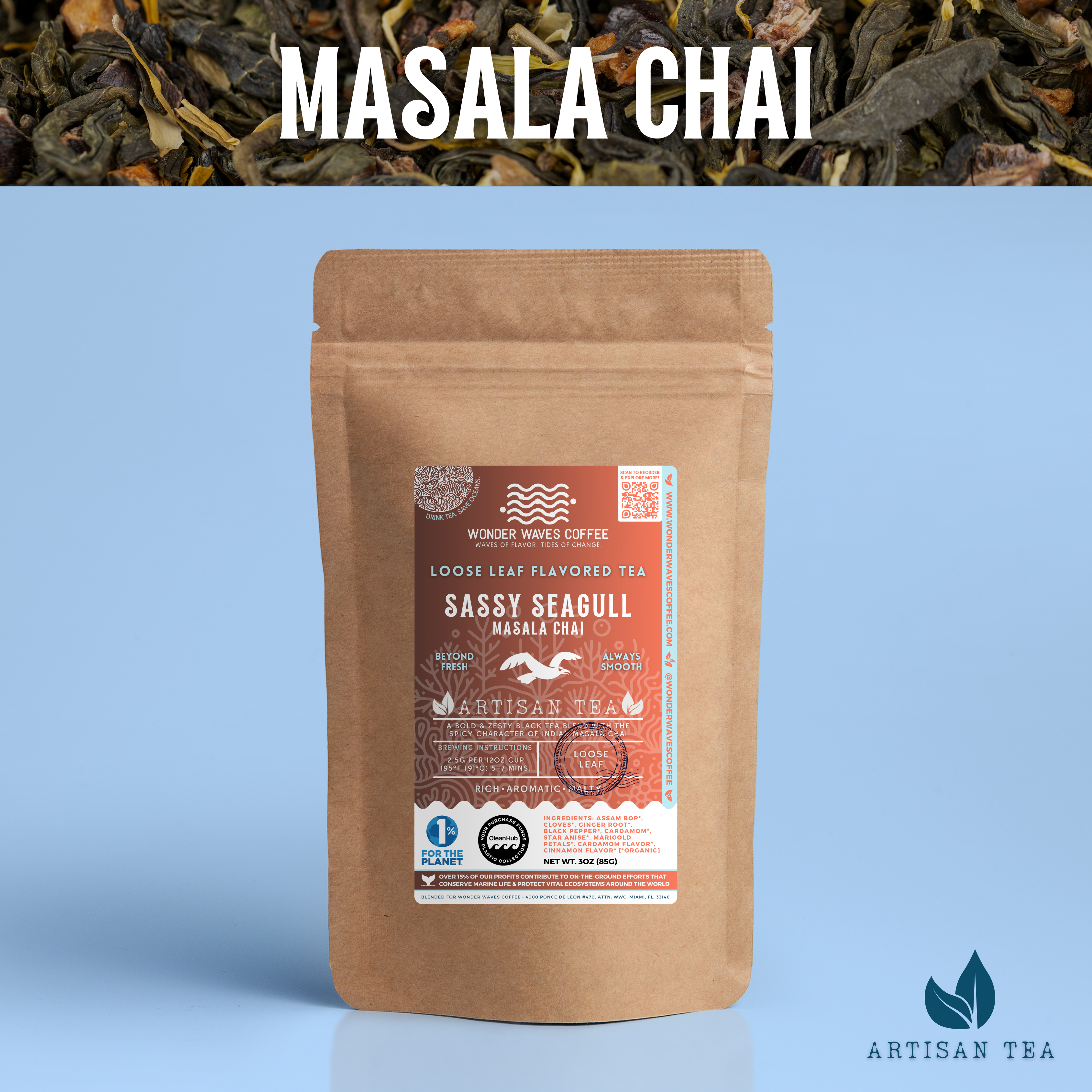 A bag of Wonder Waves Coffee's "Sassy Seagull" Masala Chai loose leaf tea against a backdrop of tea leaves