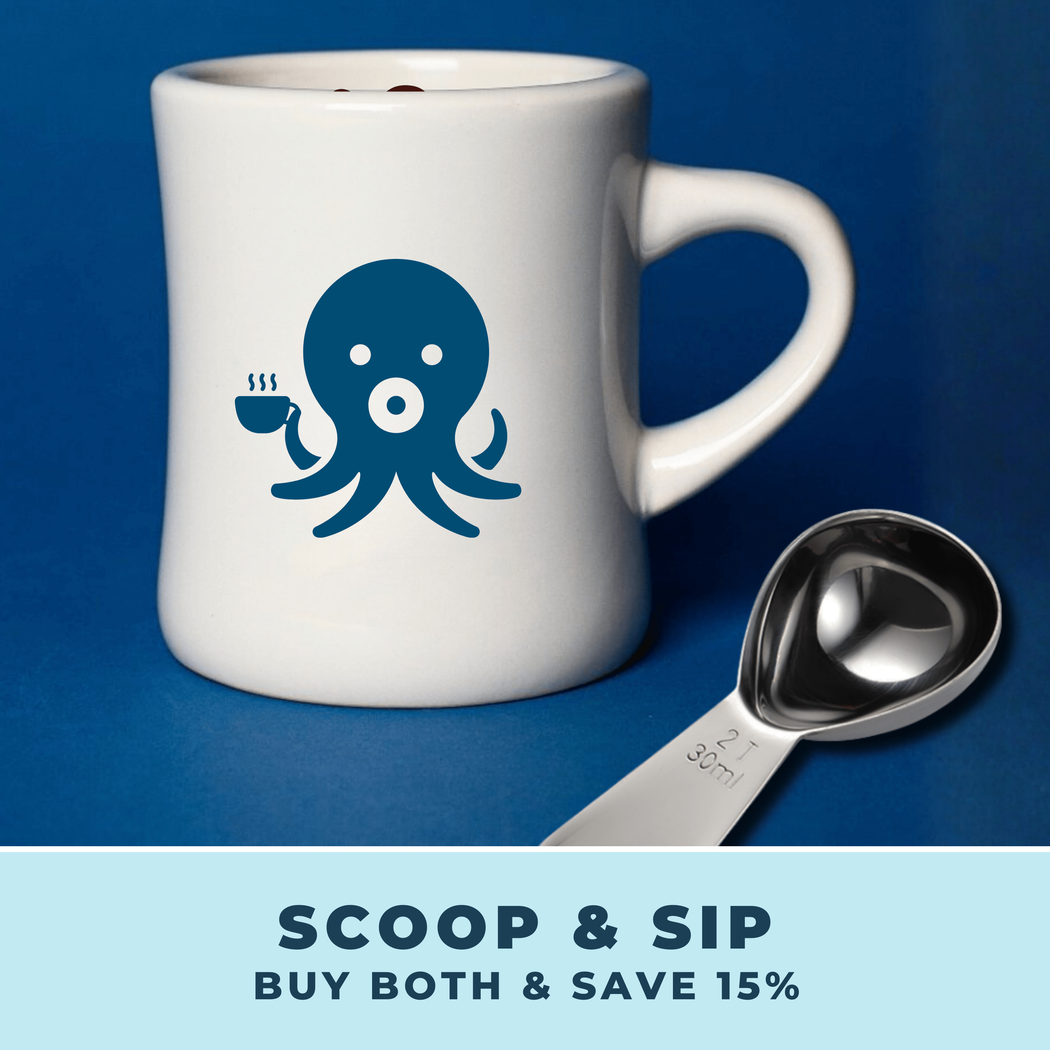 Scoop and Sip coffee bundle featuring a white octopus ceramic diner mug paired with a stainless steel 2 tbsp coffee scoop