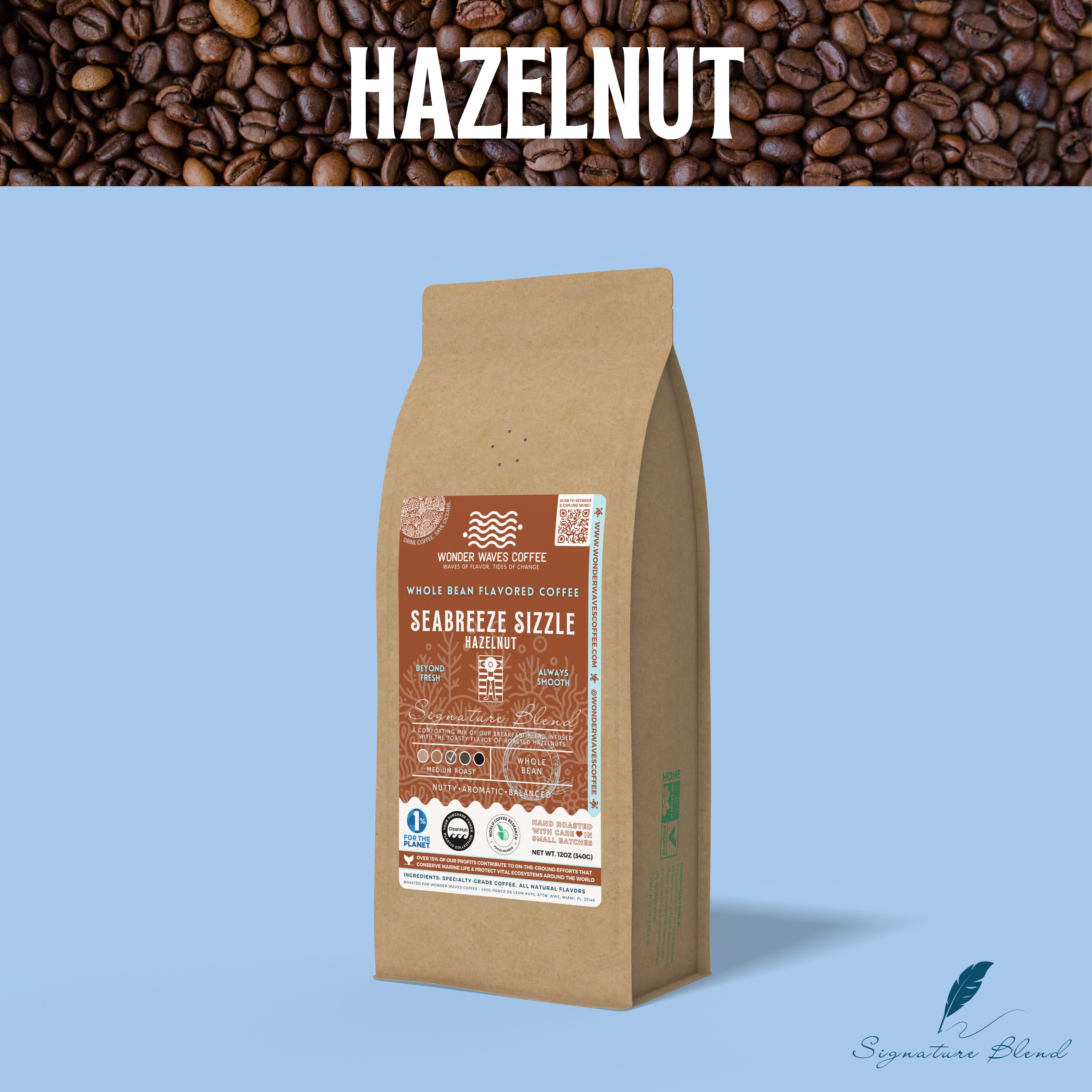 A bag of Wonder Waves Coffee's "Seabreeze Sizzle" Hazelnut flavored coffee against a backdrop of coffee beans