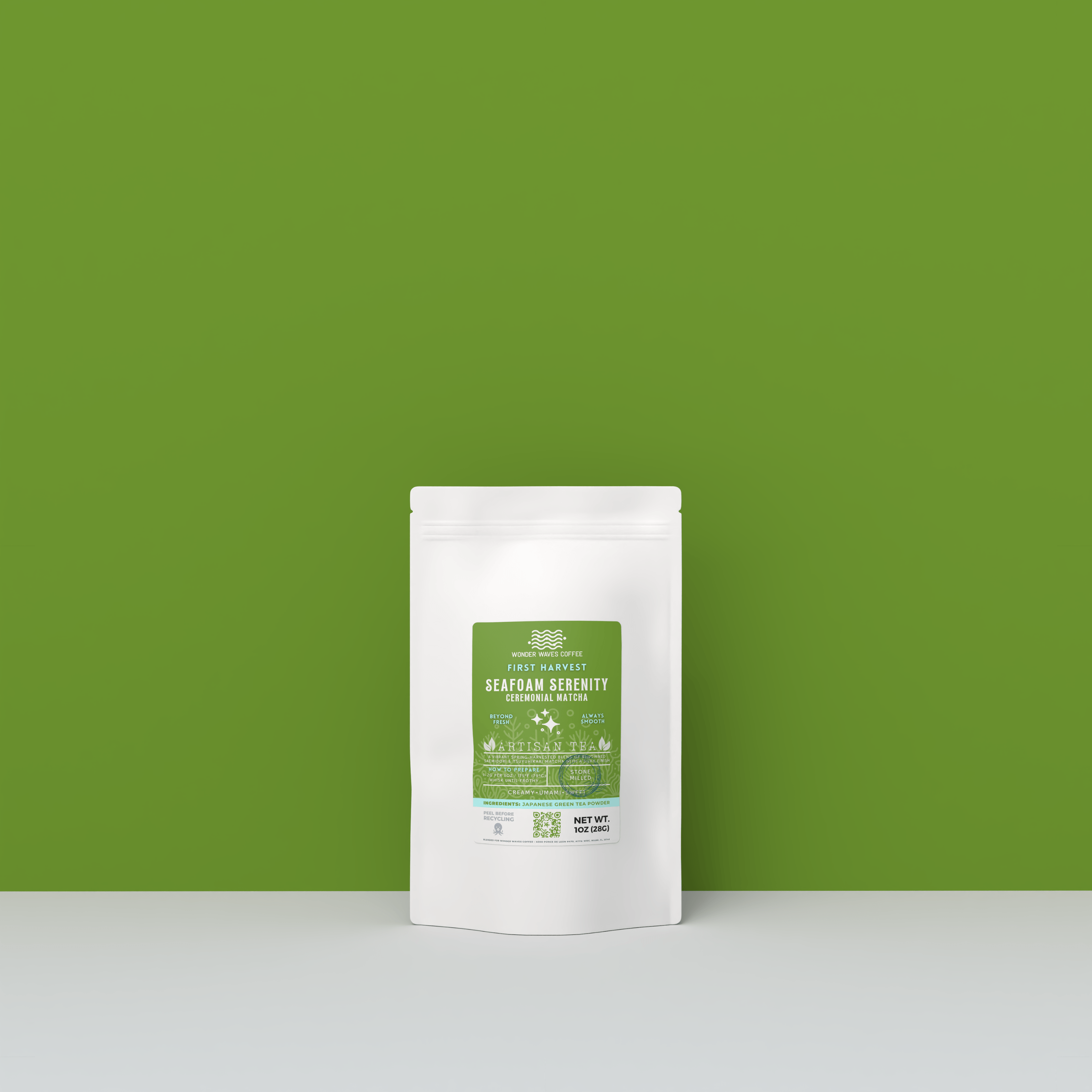 Seafoam Serenity ceremonial matcha artisan green tea powder in white recyclable pouch packaging by Wonder Waves Coffee