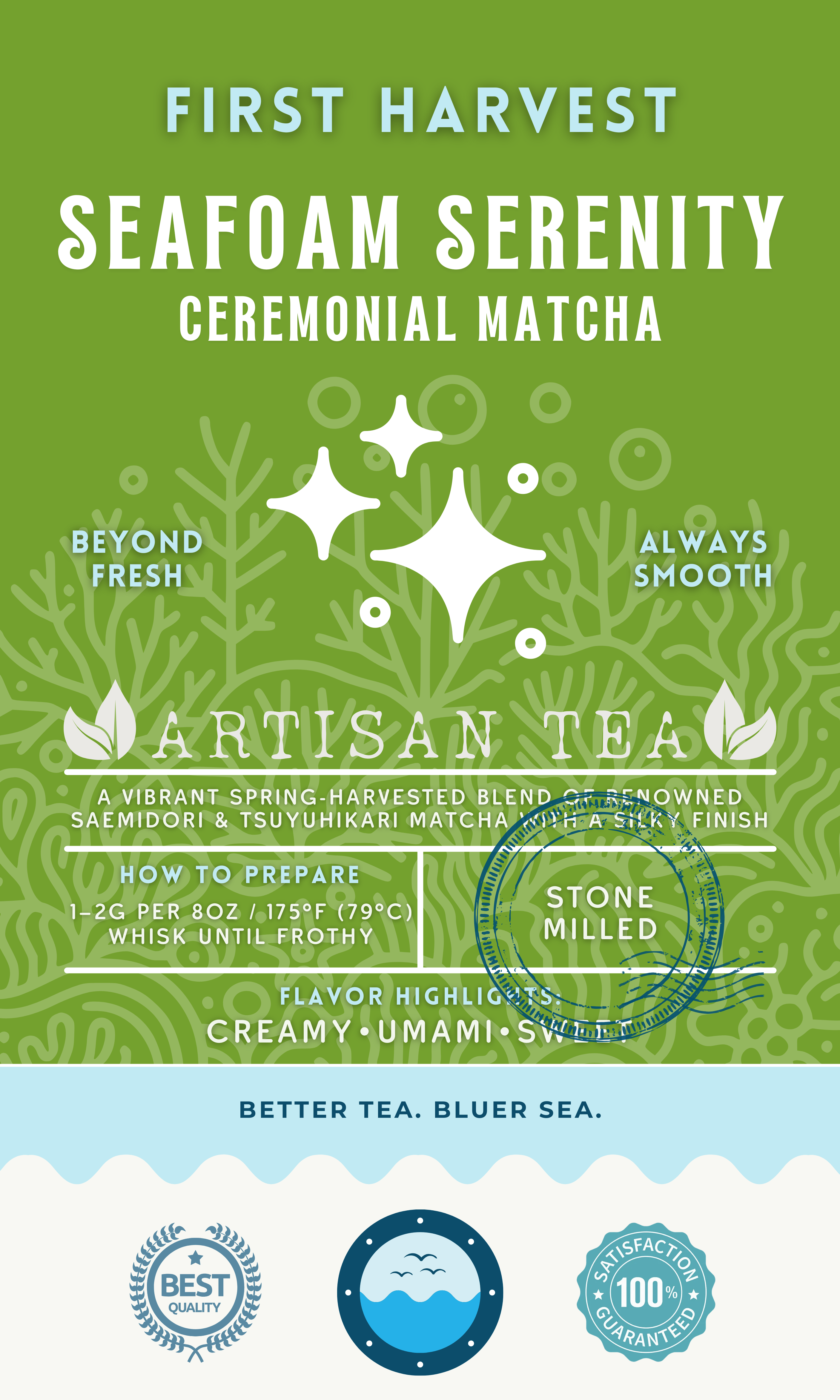 Seafoam Serenity Ceremonial Matcha first harvest green tea by Wonder Waves Coffee featuring creamy, umami-rich stone-milled matcha