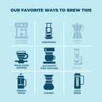 An infographic titled 'Our Favorite Ways to Brew This' featuring icons for nine different coffee brewing methods: Espresso Machine, AeroPress, Moka Pot, Pour-Over Dripper, Automatic Drip Machine, Siphon, French Press, Chemex, and Cold Brew.