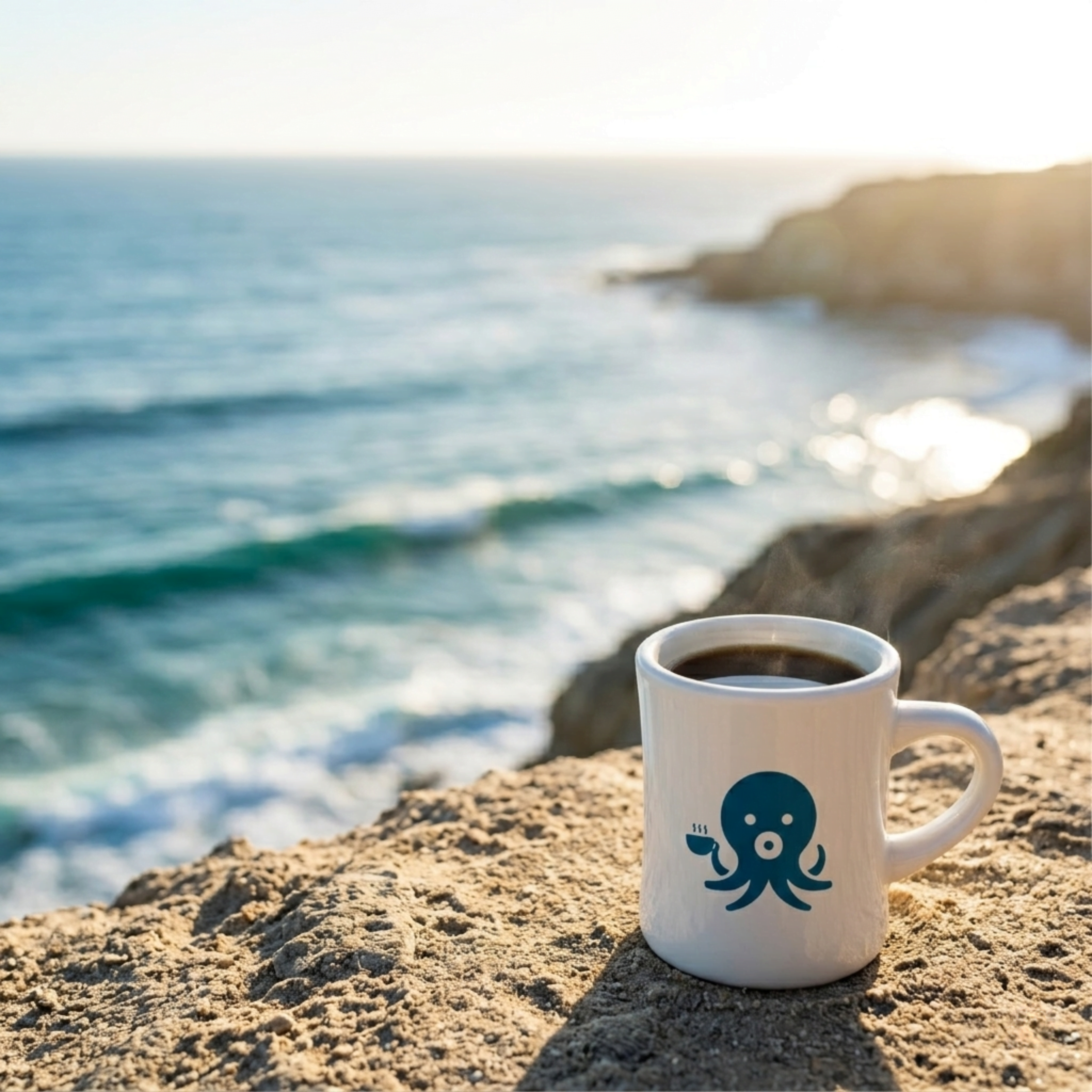 A steaming cup of Wonder Waves specialty coffee in a white ceramic mug with a blue octopus logo. The mug is resting on a sun-drenched rocky cliff overlooking turquoise ocean waves at a scenic coastal beach.