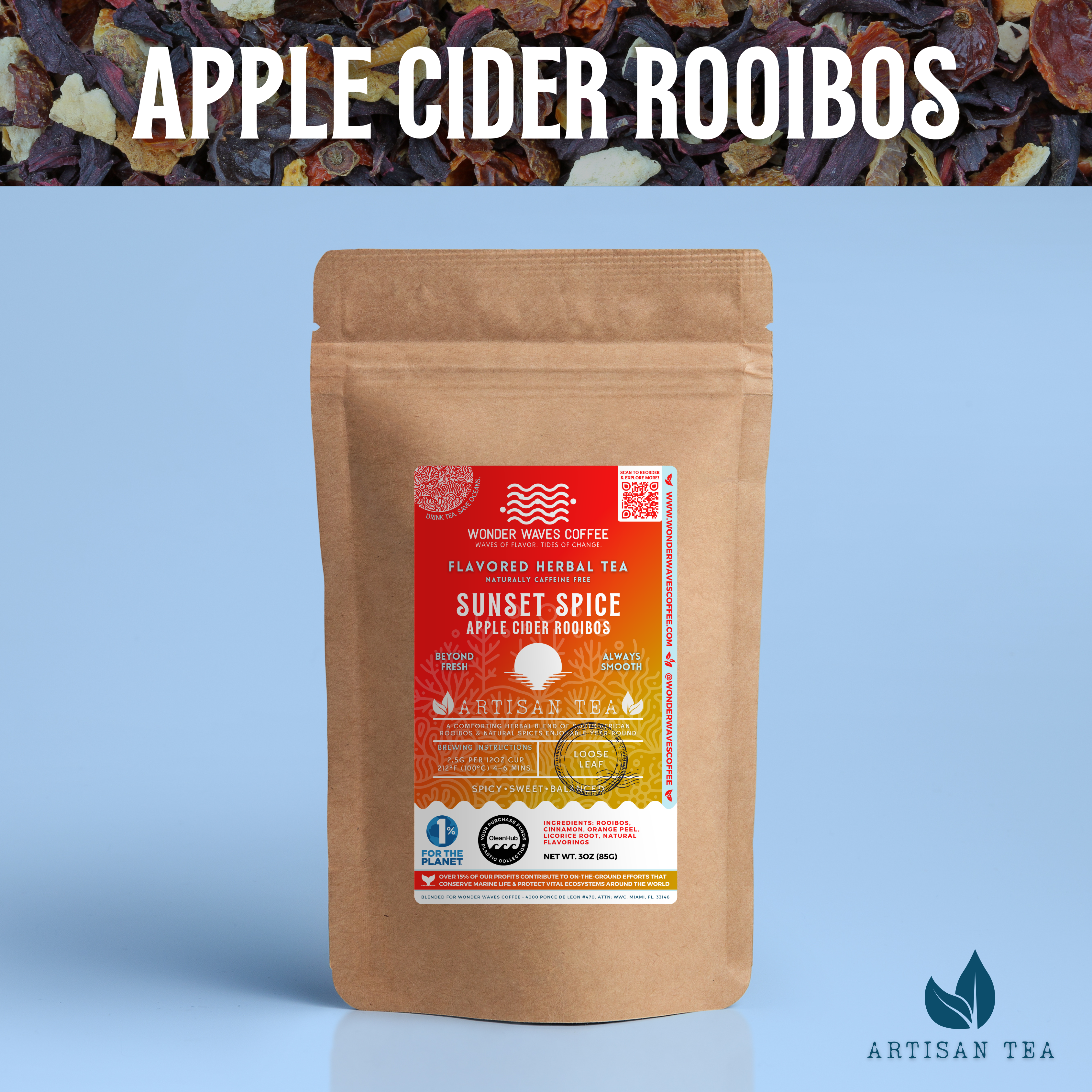 A bag of Wonder Waves Coffee's "Sunset Spice" Apple Cider Rooibos loose leaf tea against a backdrop of tea leaves