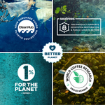 Wonder Waves Coffee sustainability impact graphic featuring CleanHub plastic collection, SeaTrees ecosystem restoration and climate action, 1% for the Planet membership, and World Coffee Research partnership, highlighting environmental responsibility, ocean conservation, and ethical coffee sourcing.