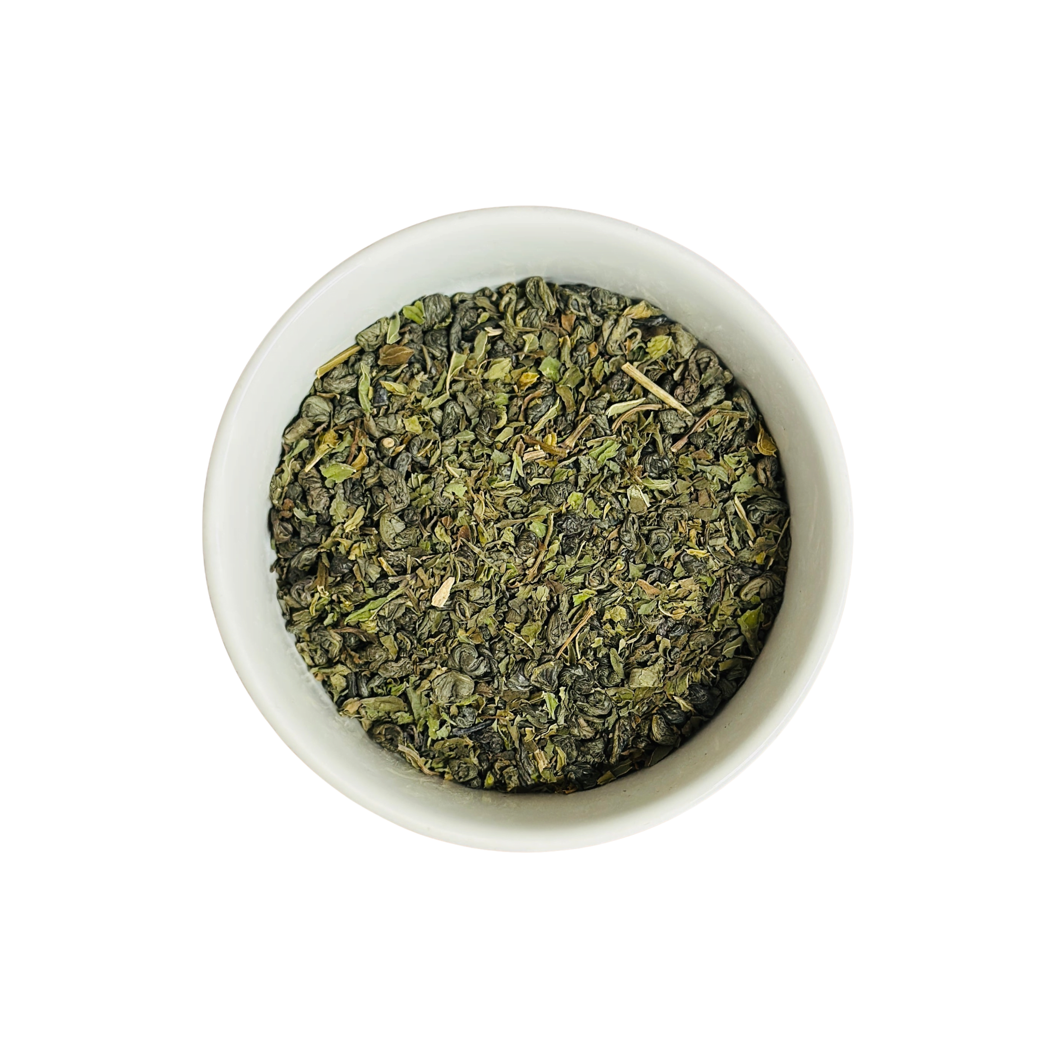 Tangier Tingle Moroccan Mint loose leaf green tea in white bowl close-up by Wonder Waves Coffee featuring crisp mint and refreshing earthy green tea notes