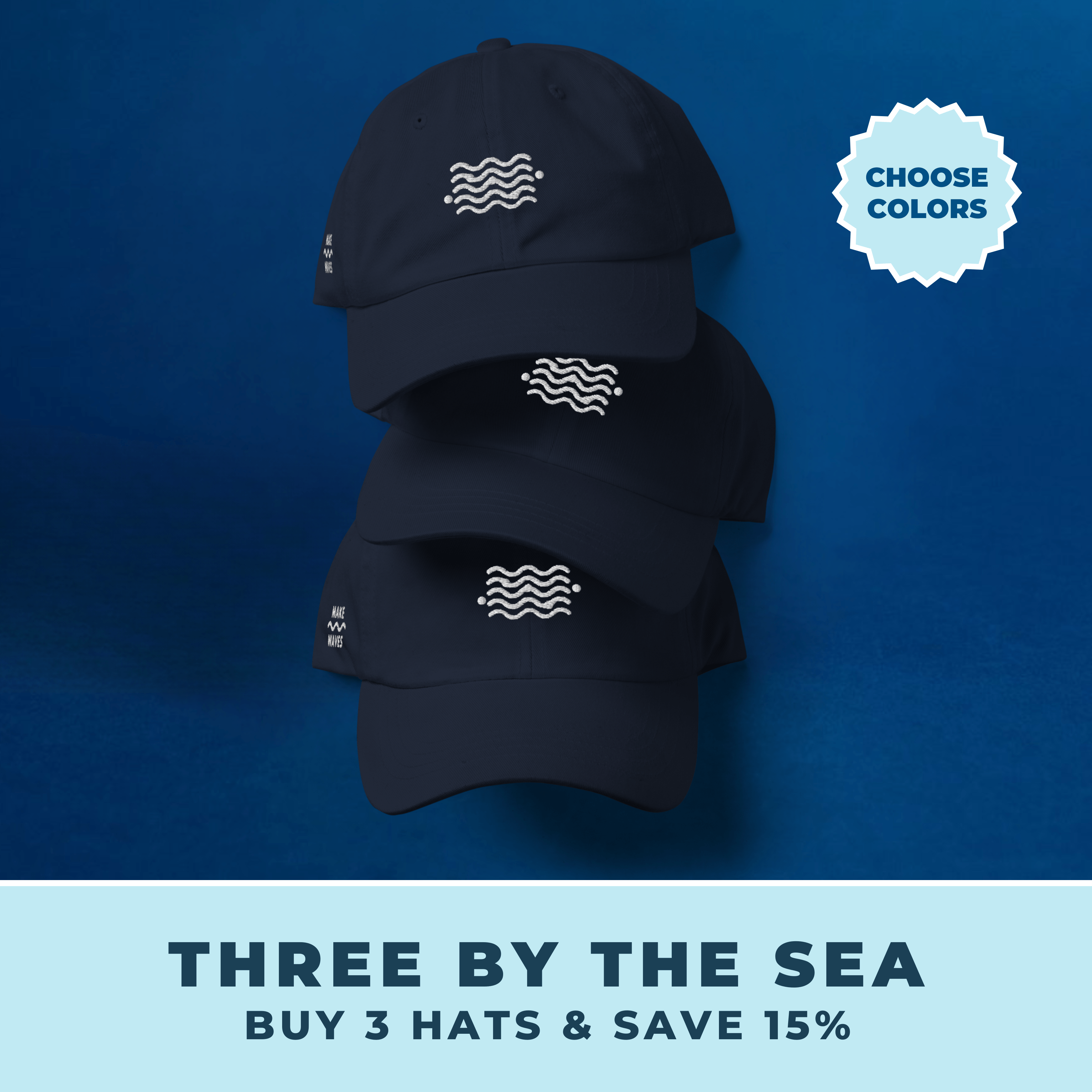 Three by the Sea 3-pack stacked navy blue dad hats embroidered with white wave graphics