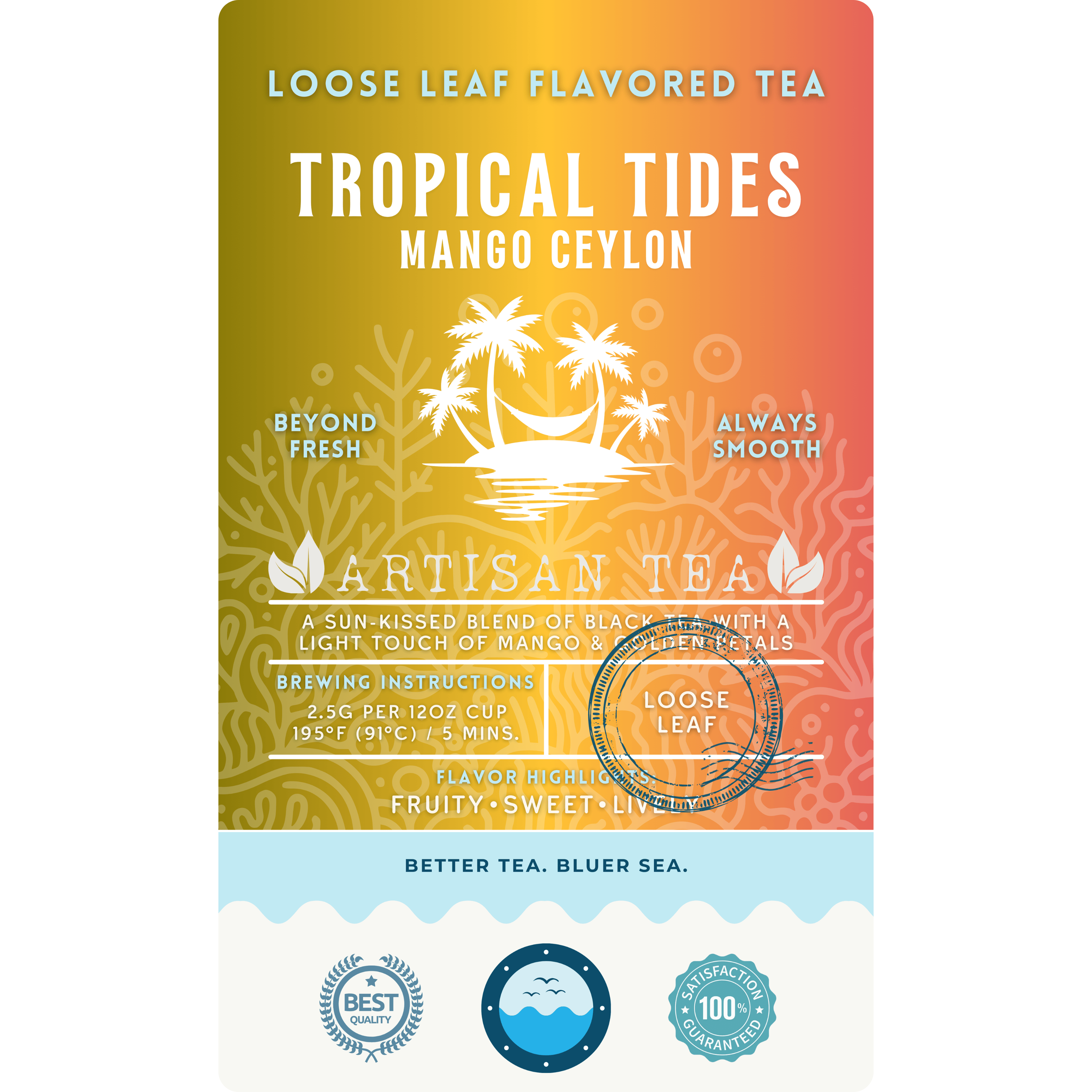 Tropical Tides Mango Ceylon loose leaf black tea by Wonder Waves Coffee featuring sweet tropical mango flavor with a smooth finish