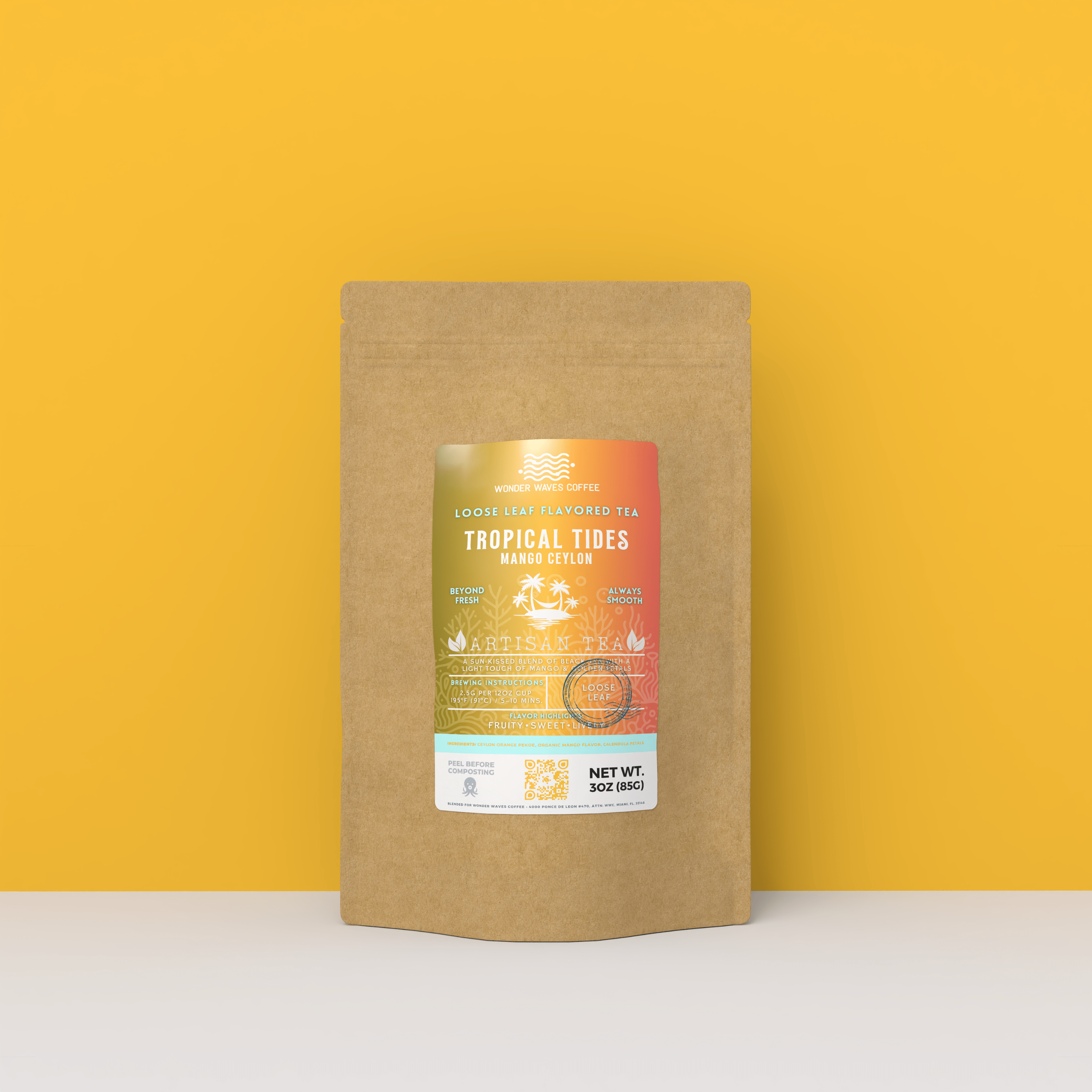 Tropical Tides Mango artisan loose leaf fruit tea blend in eco-friendly 3oz kraft stand-up pouch packaging by Wonder Waves Coffee