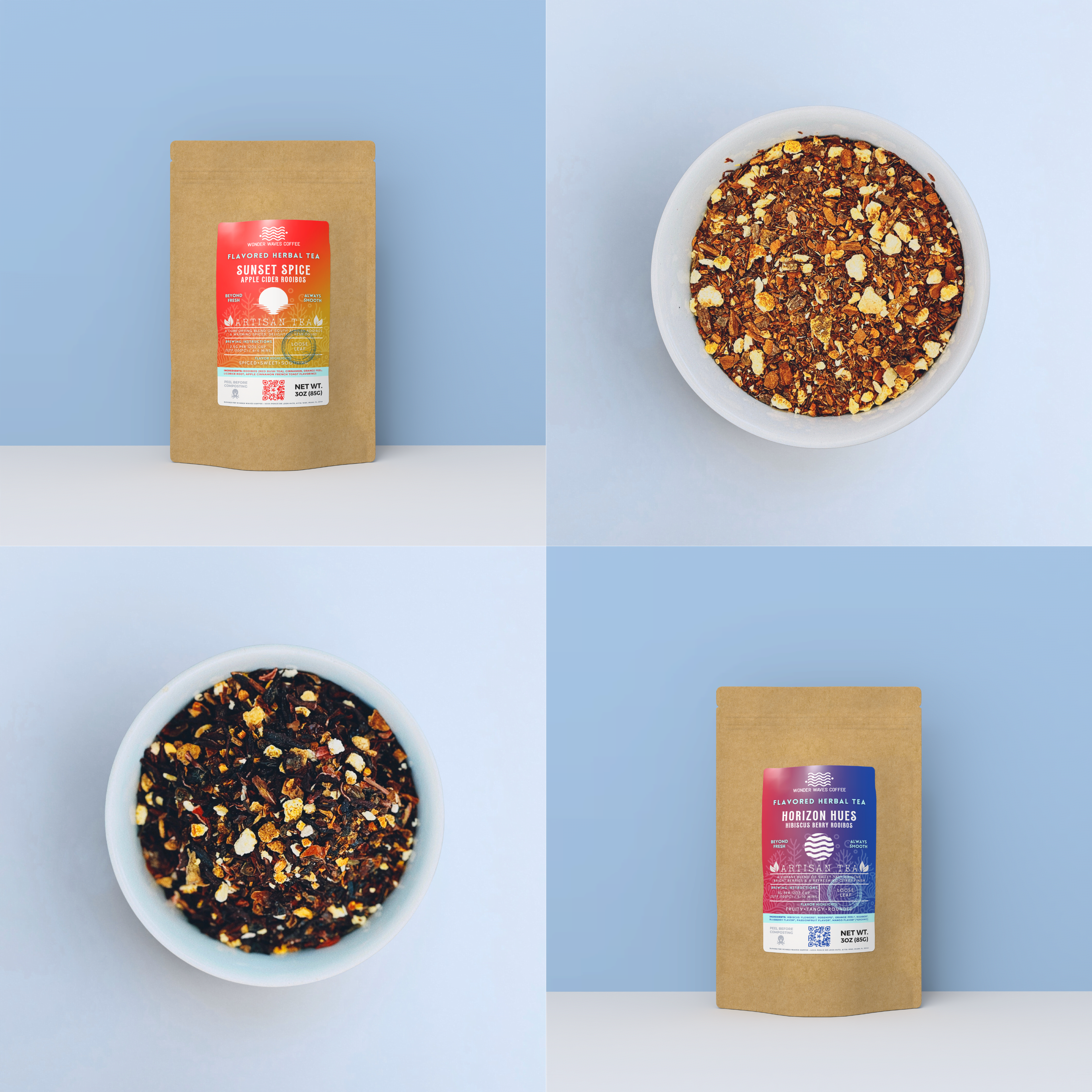 2-pack caffeine-free herbal tea bundle with Sunset Spice Apple Cider Rooibos and Horizon Hues Hibiscus Berry Rooibos loose leaf tea packages