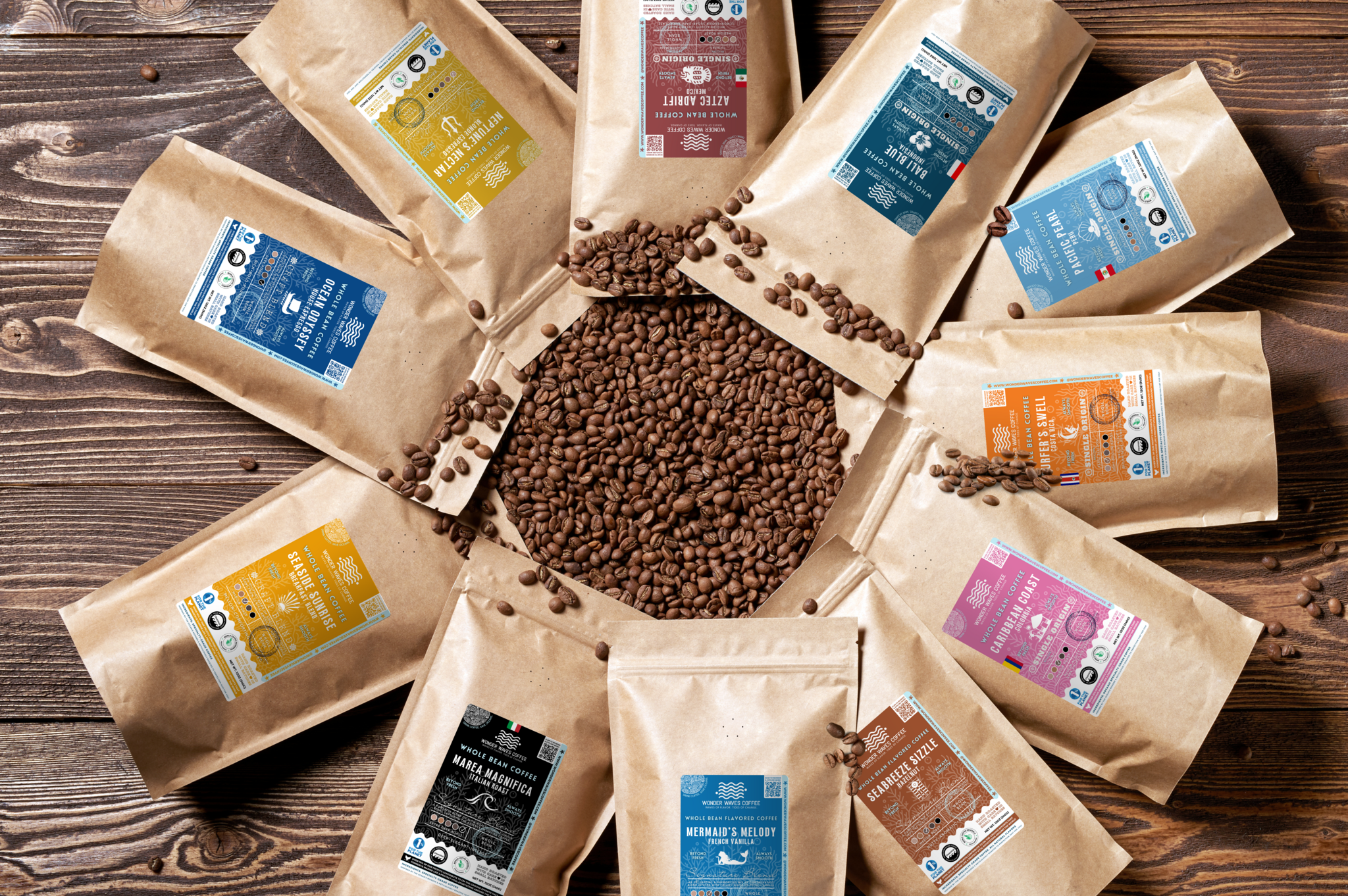 A vibrant collection of Wonder Waves Coffee’s specialty coffee blends and single origins arranged in a circle, showcasing unique flavors like Mermaid’s Melody, Seabreeze Sizzle, and more, surrounded by fresh coffee beans