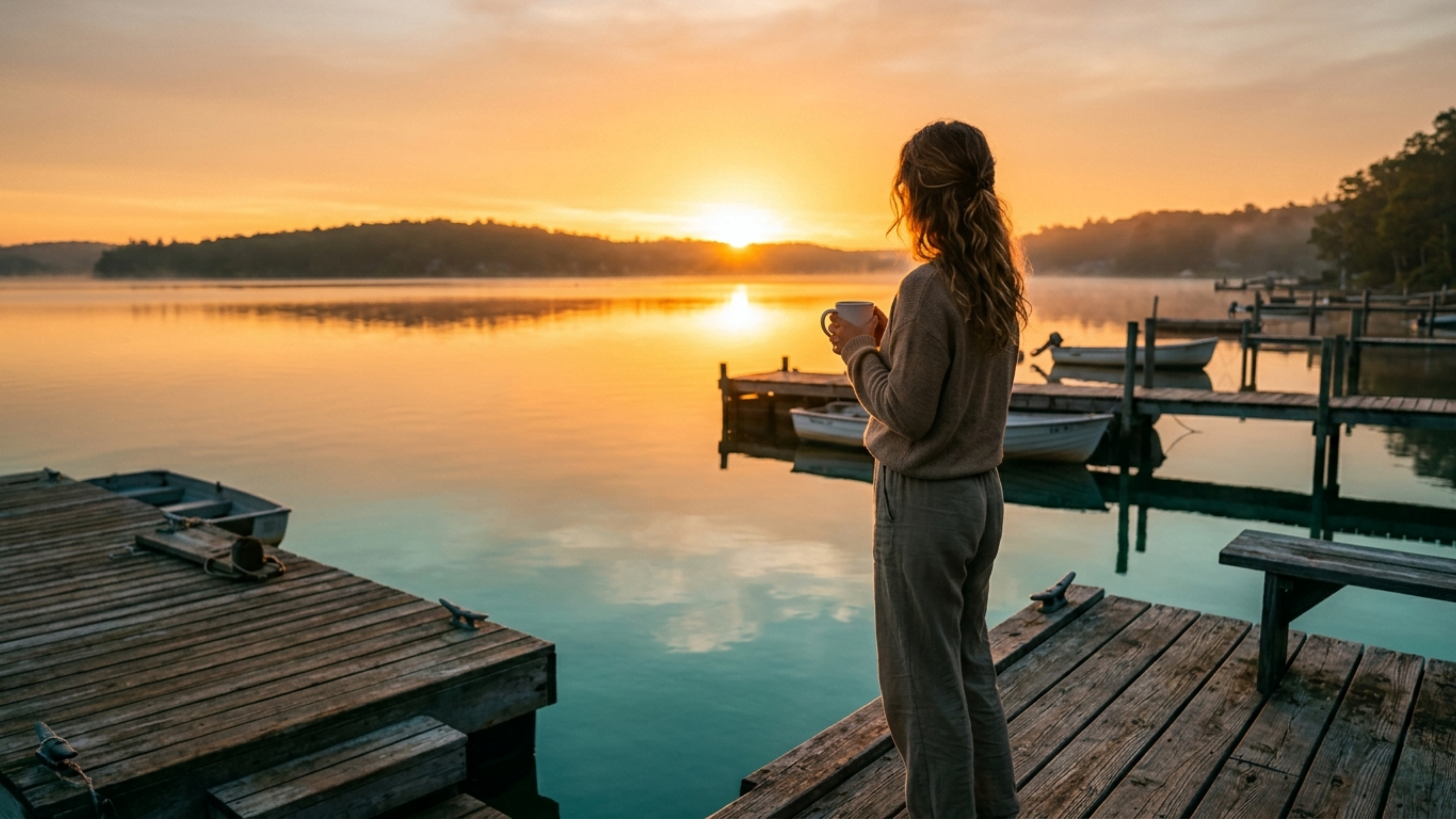 Woman standing on a wooden dock holding a coffee mug while watching the sunrise over calm turquoise water, representing the Wonder Waves Coffee morning ritual and connection to nature