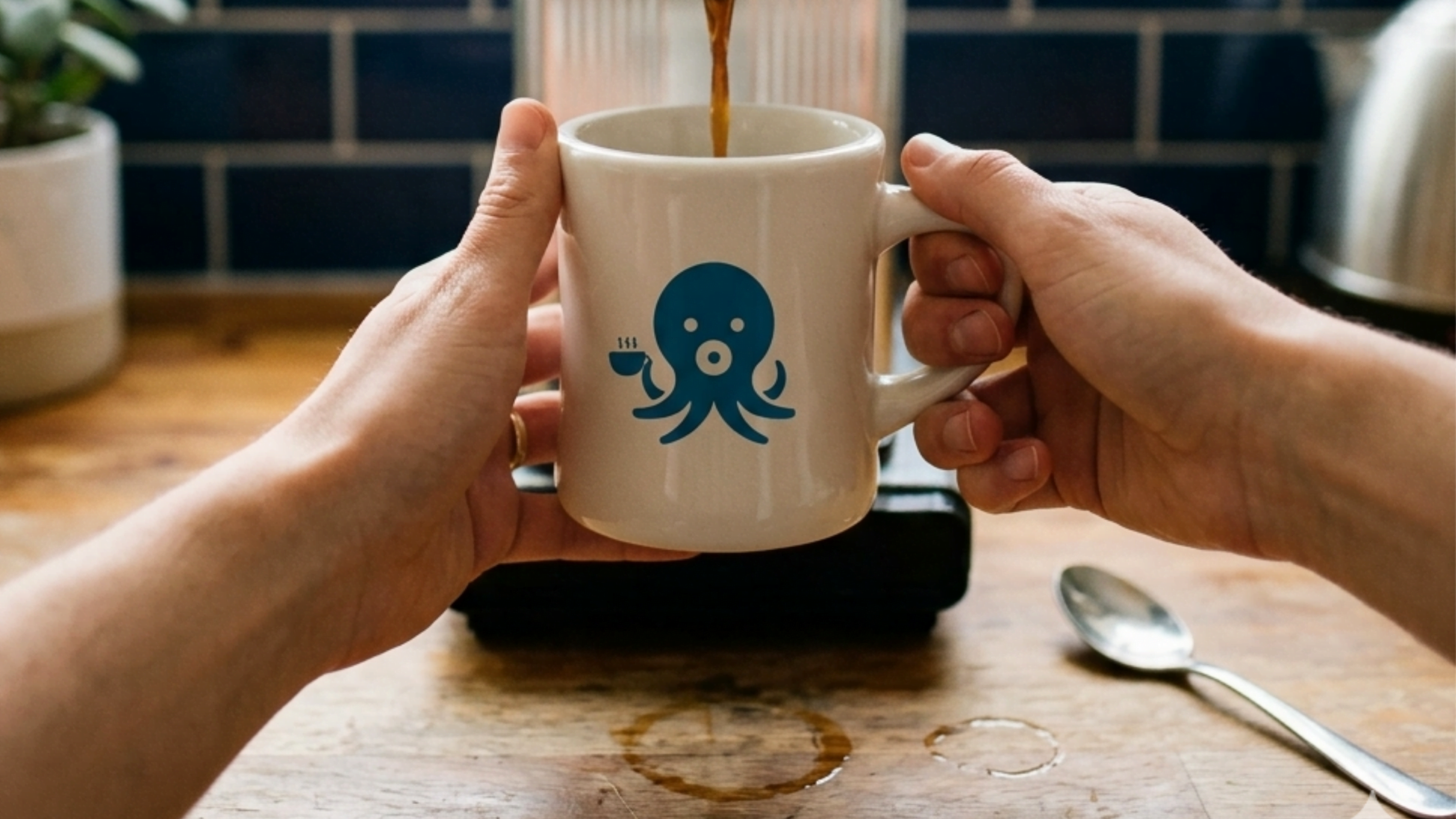 Hands holding a white ceramic mug featuring a blue octopus logo as fresh coffee is poured in, set against a wooden countertop with a rustic kitchen background.