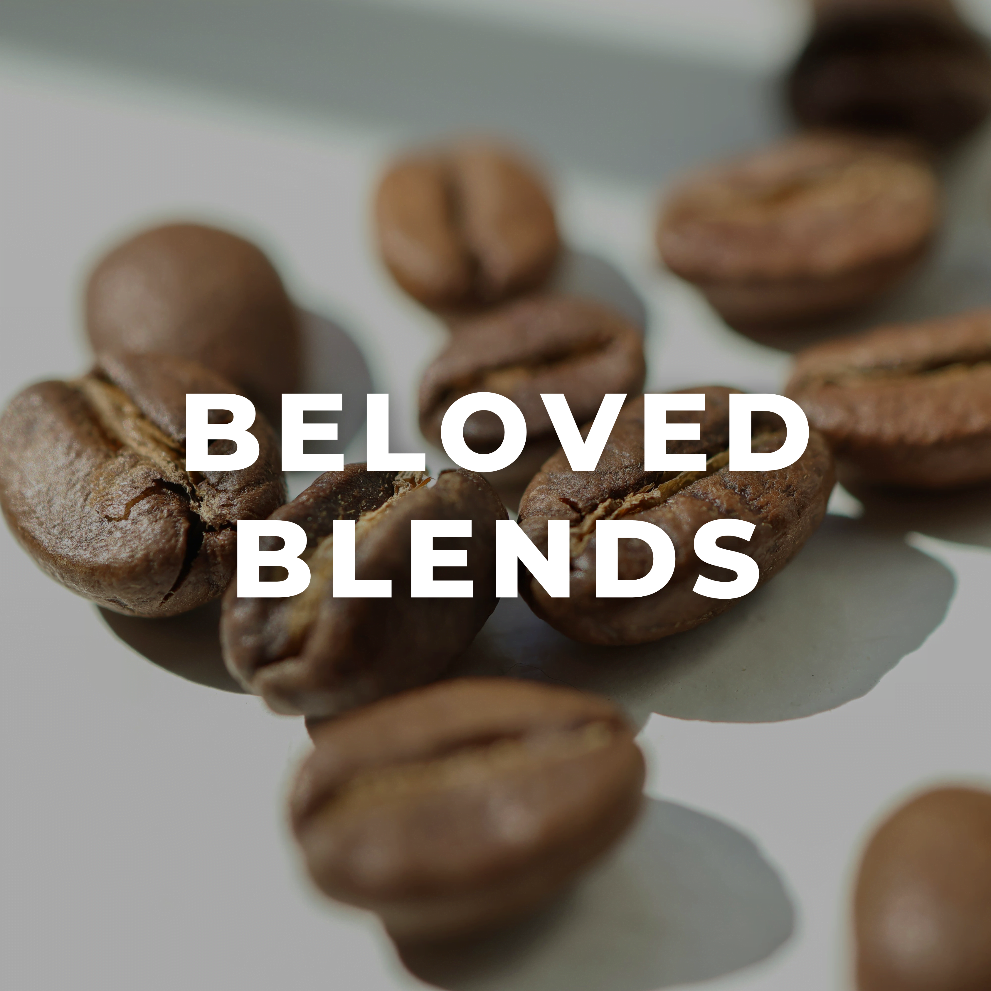 Close-up of specialty roasted coffee beans on a white surface with Wonder Waves Coffee Beloved Blends collection text overlay