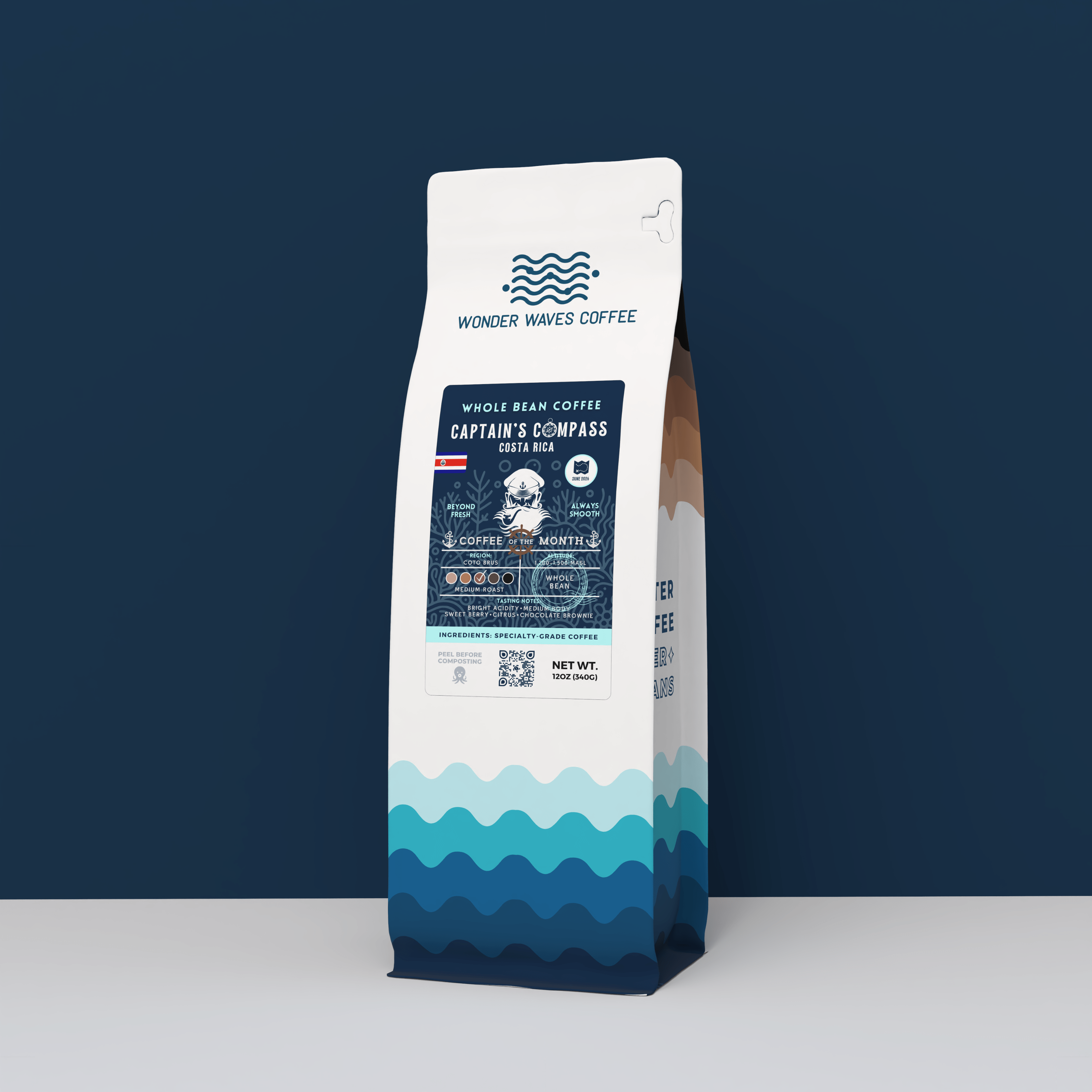 A 12oz bag of Wonder Waves "Captain's Compass" Costa Rica specialty coffee from Coto Brus. The white bag features teal wave patterns at the base and a navy blue label with a sea captain illustration. It is positioned against a solid dark navy background, highlighting the premium whole bean coffee.