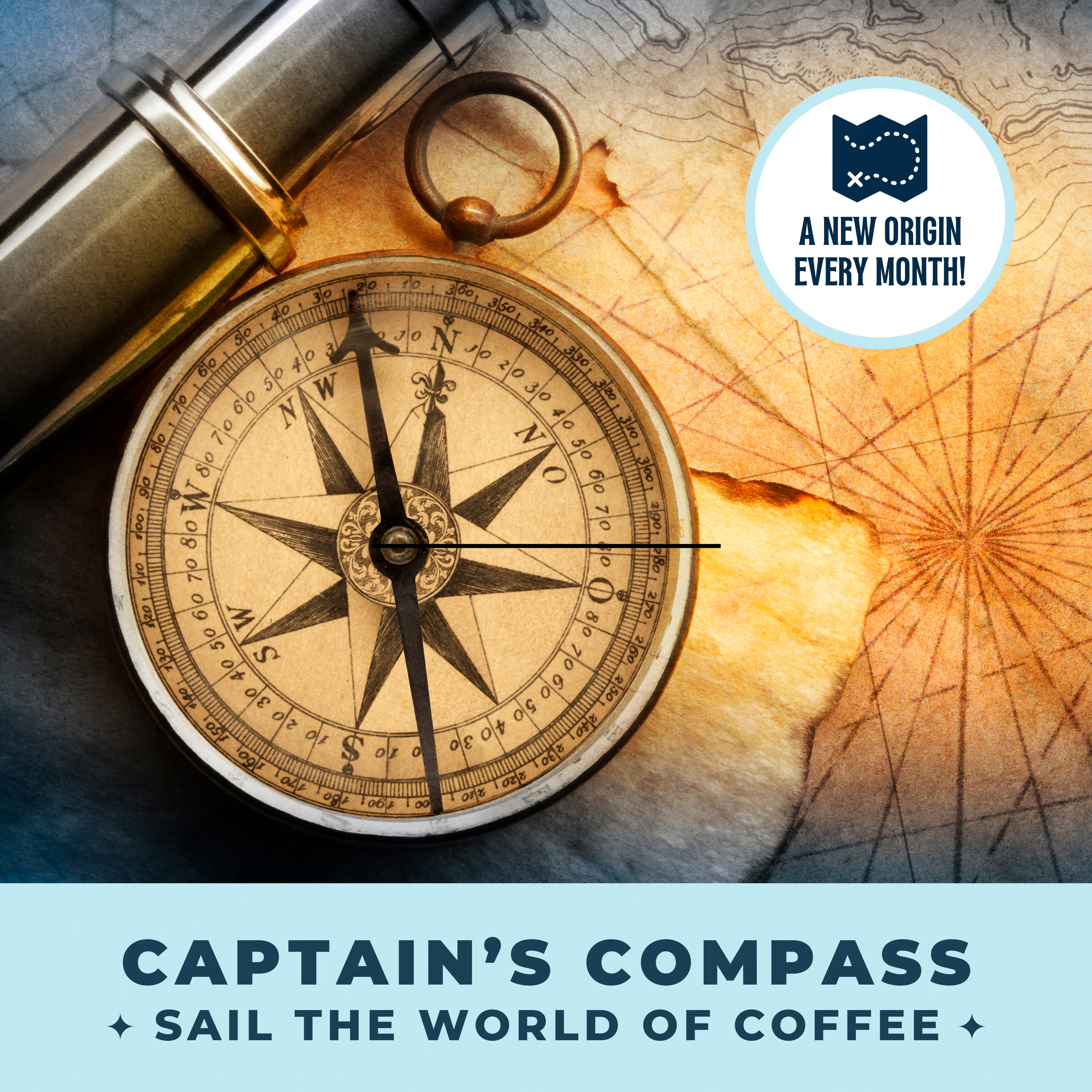 Wonder Waves Coffee Captain's Compass gift coffee subscription card featuring a vintage nautical compass on an aged map with sail the world of coffee tagline and a new origin every month badge