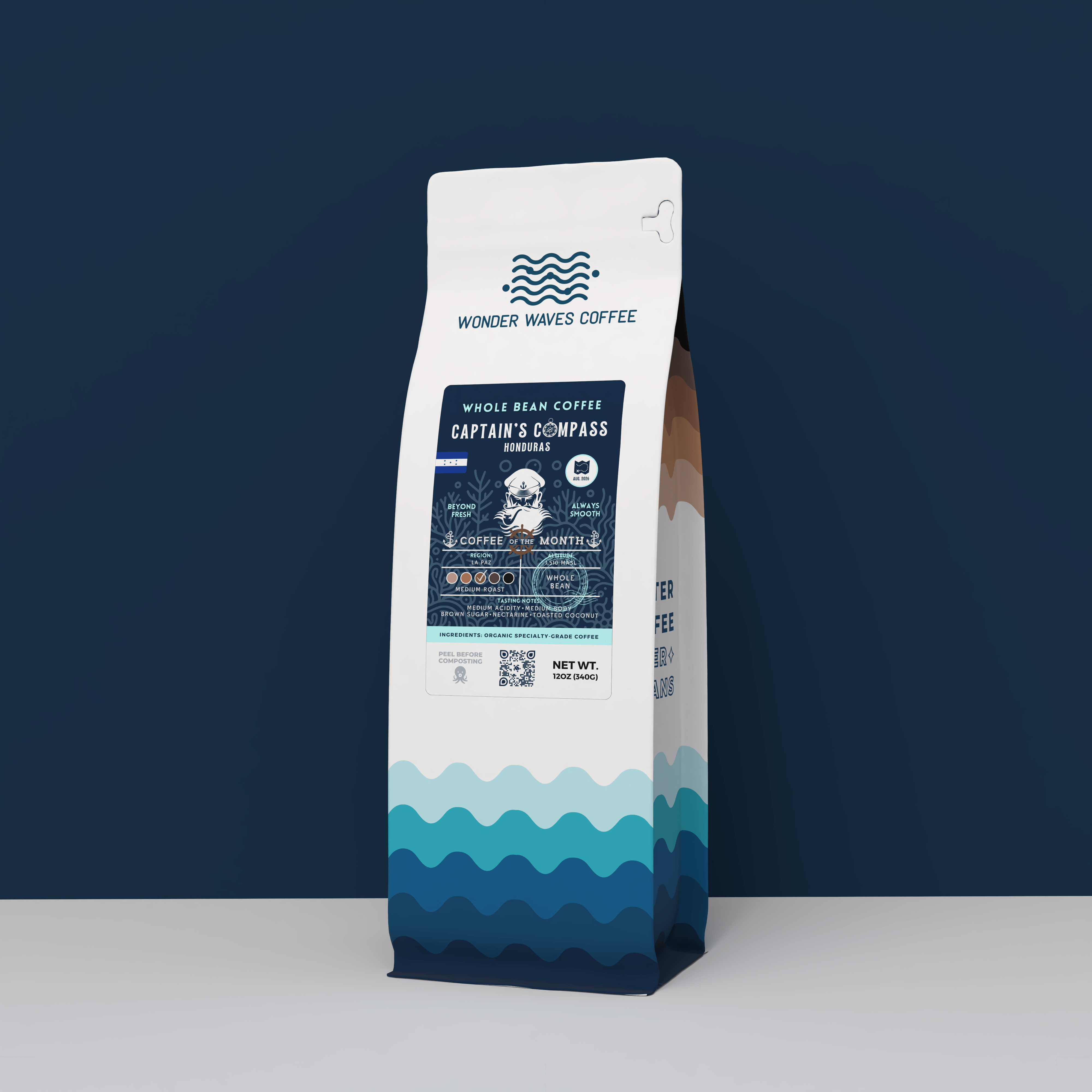 A 12oz bag of Wonder Waves "Captain's Compass" Honduras specialty coffee from La Paz. The white bag features teal wave patterns at the base and a navy blue label with a sea captain illustration. It is positioned against a solid dark navy background, highlighting the premium whole bean coffee.