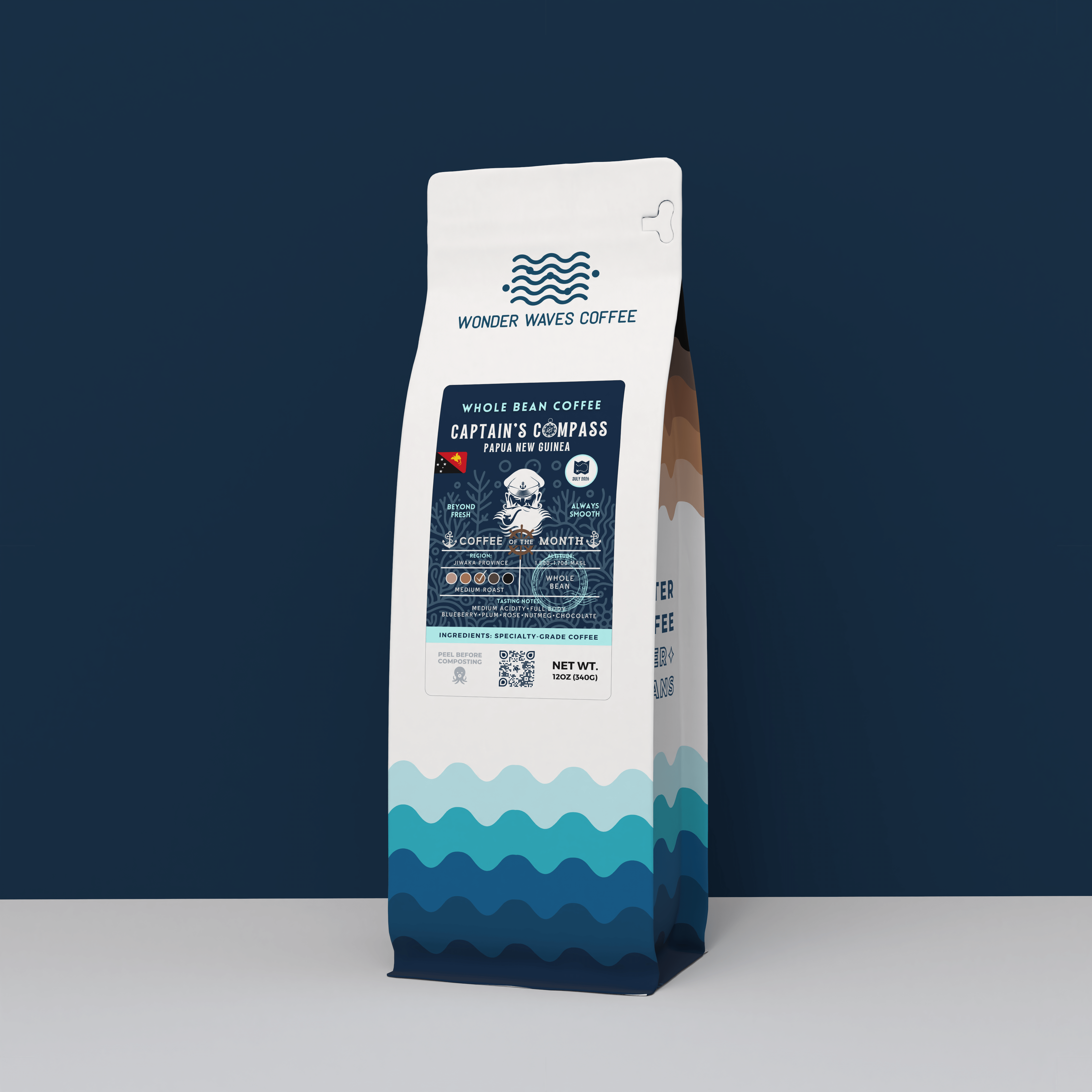 A 12oz bag of Wonder Waves "Captain's Compass" Papua New Guinea specialty coffee from Jiwaka Province. The white bag features teal wave patterns at the base and a navy blue label with a sea captain illustration. It is positioned against a solid dark navy background, highlighting the premium whole bean coffee.