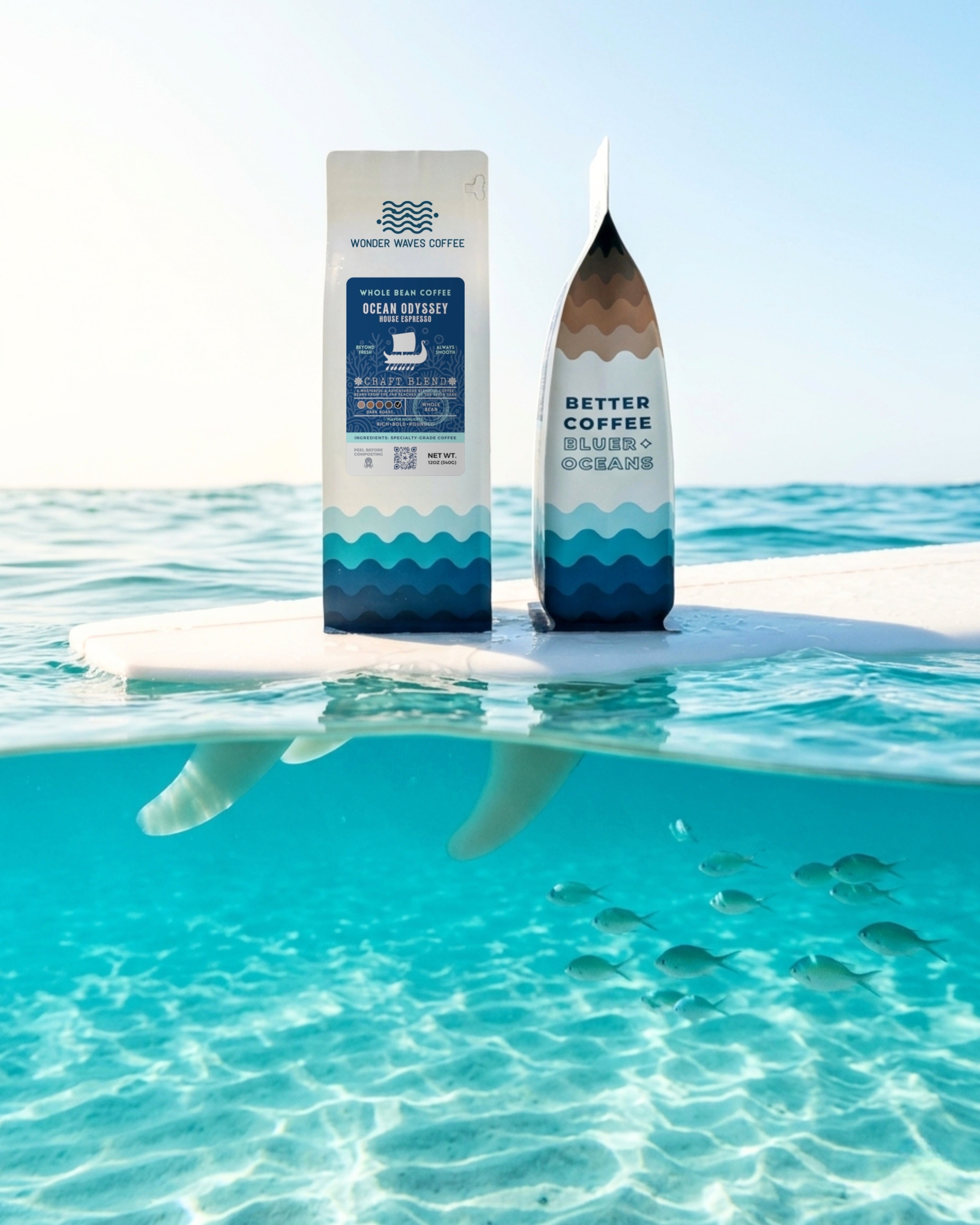 Wonder Waves Coffee Ocean Odyssey house espresso whole bean coffee bag and Better Coffee Bluer Oceans tin on a surfboard photographed above and below the ocean surface with tropical fish swimming beneath, specialty coastal coffee brand Miami.