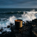 Dark coffee in a matte mug set on rugged coastal rocks with waves crashing behind, evoking the rich, bold profile of Wonder Waves Coffee Kraken’s Kiss African blend coffee.