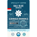 Product label for Wonder Waves Coffee Bali Blue Indonesia Single Origin coffee from Kintamani Highlands. Tasting notes include low acidity, full body, chocolate, orange peel, juniper, and molasses.