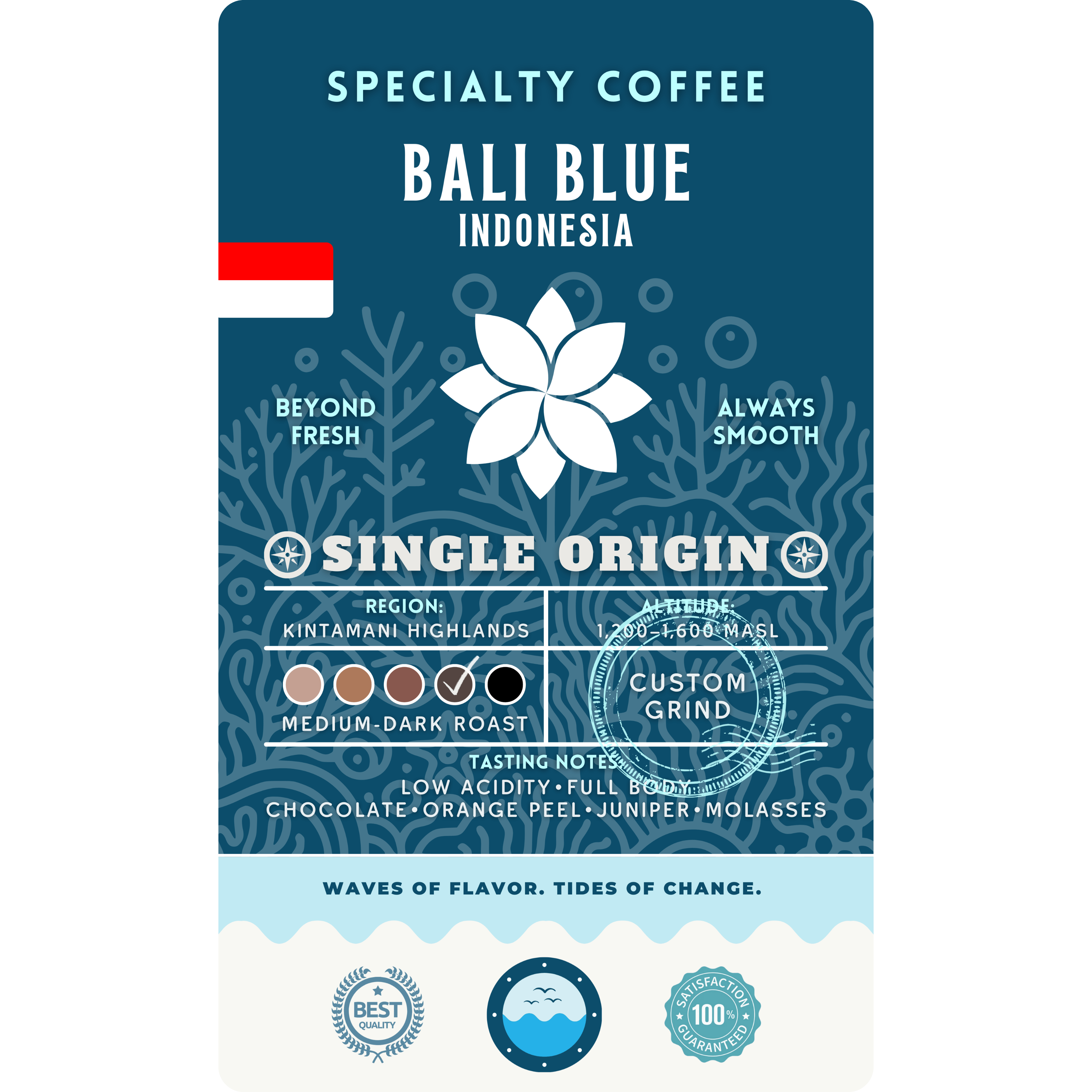 Product label for Wonder Waves Coffee Bali Blue Indonesia Single Origin coffee from Kintamani Highlands. Tasting notes include low acidity, full body, chocolate, orange peel, juniper, and molasses.