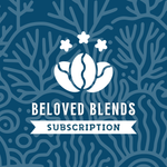 Cover image for the "Beloved Blends" coffee subscription plan. The design features a white logo of three coffee beans topped with stars over a dark blue coral reef pattern background. A white ribbon banner displays the word "SUBSCRIPTION" beneath the "Beloved Blends" title
